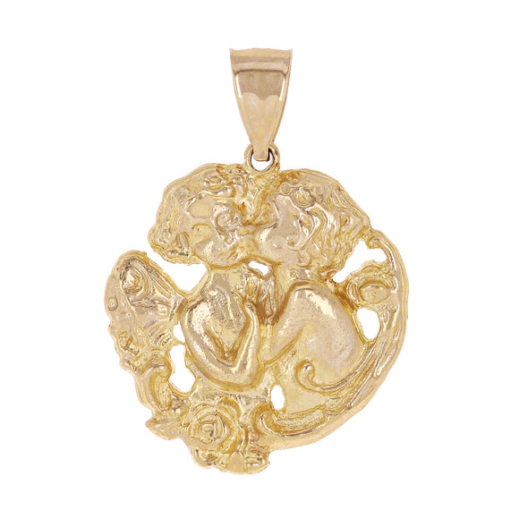 14k Yellow Gold Cherub Guardian Kissing Angels Pendant 1.4