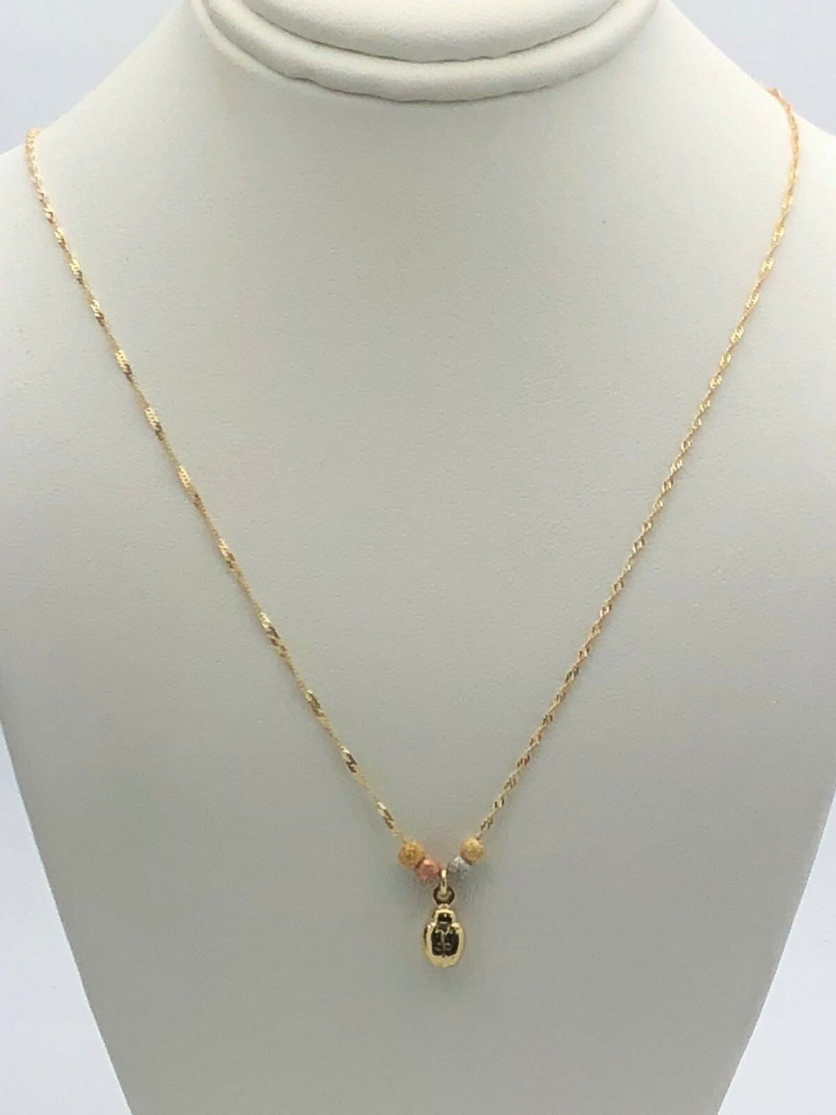 14k Tri Color Gold Ball Beads Lady Bug Charms Singapore Chain Necklace 17"