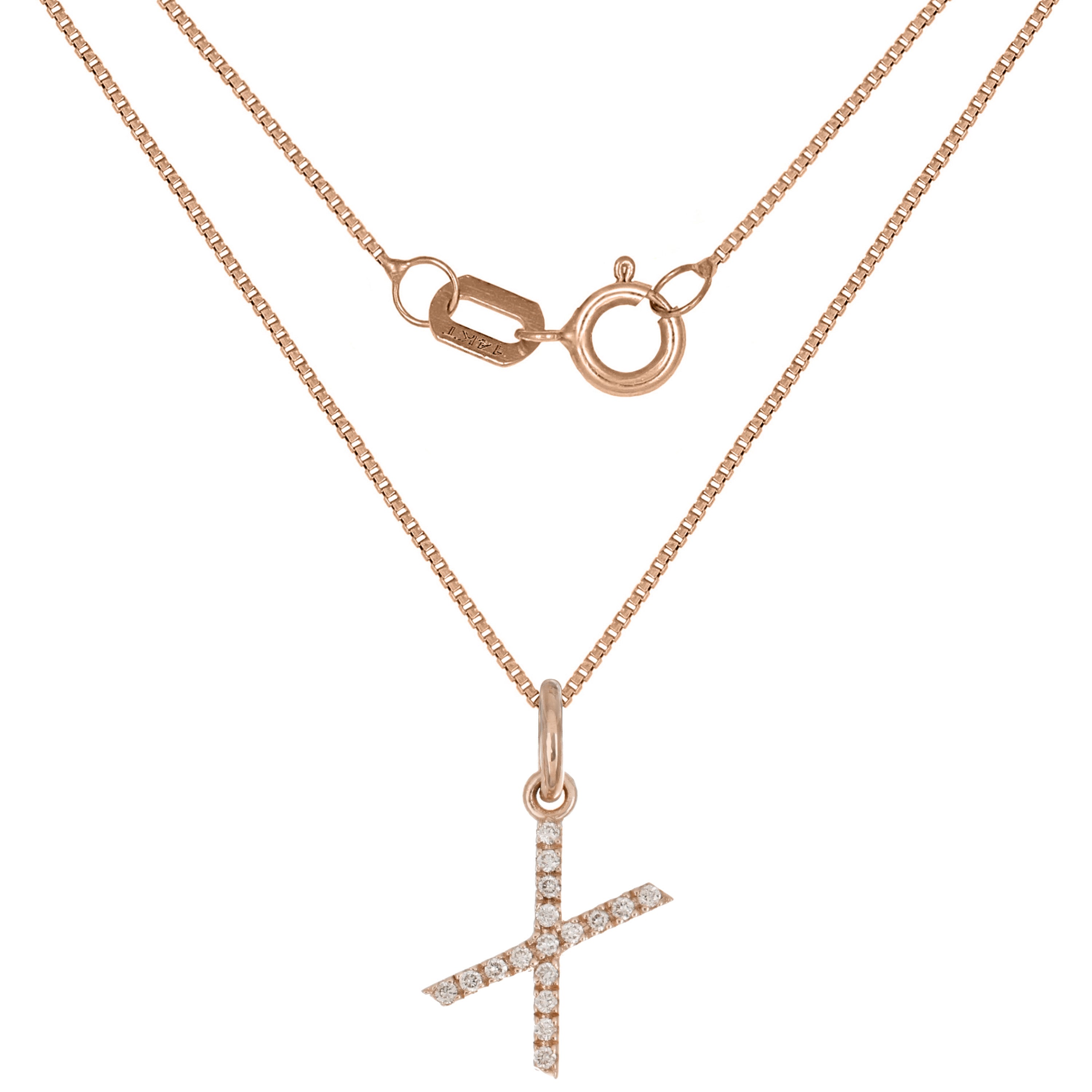 14k Rose Gold Diamond Initial Letter X Charm Pendant Necklace 18" - Letter X,Rose