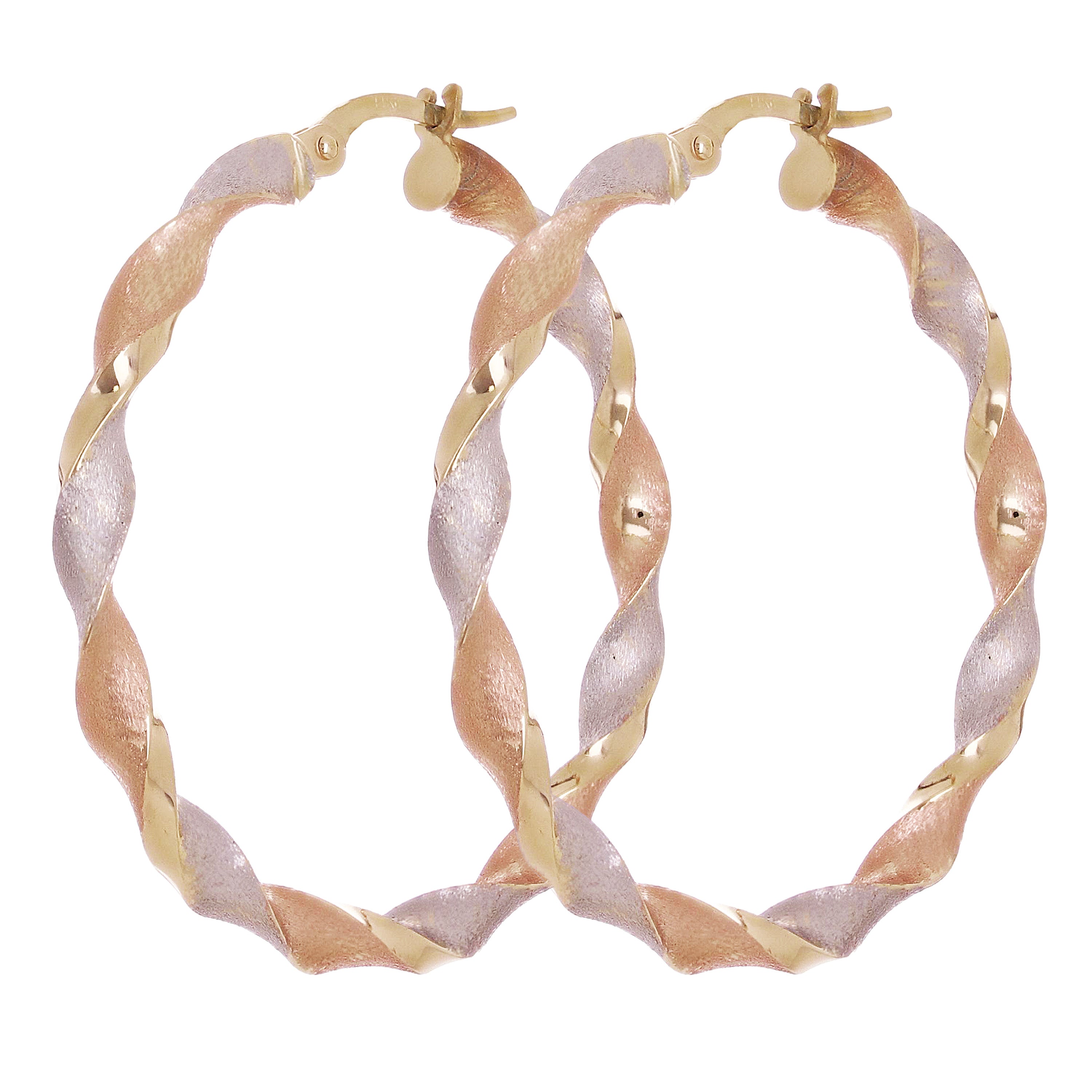 Italian 14k Tri-Color Gold Satin Twisted Hoop Earrings 1.5" 3mm 3.1 grams