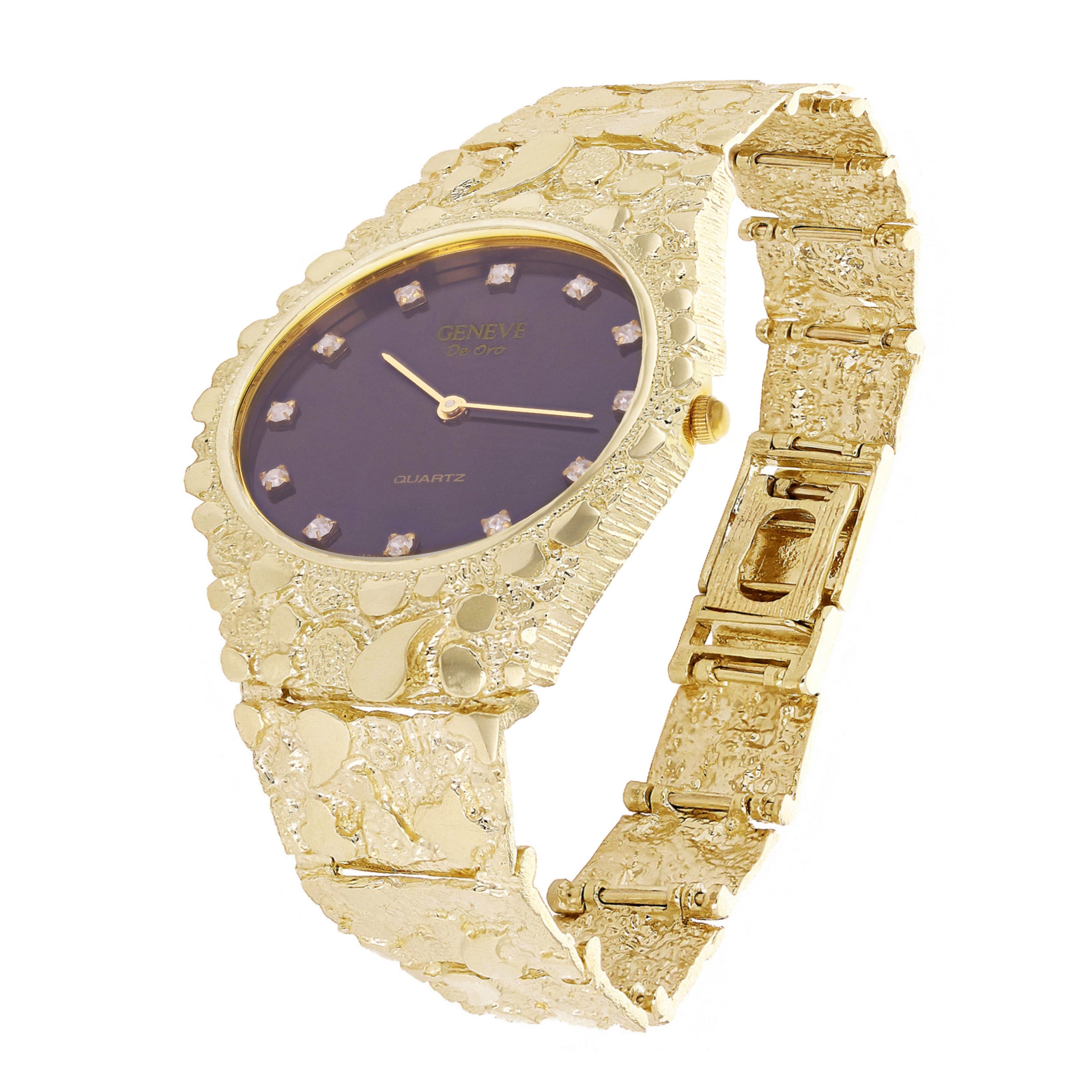 10k Yellow Gold Nugget Link Band Geneve with Diamonds Wrist Watch 7-7.5" 47grams - 7.5" 47 grams