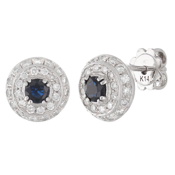 14k White Gold 0.80ctw Sapphire & Diamond Cluster Circle Stud Earrings