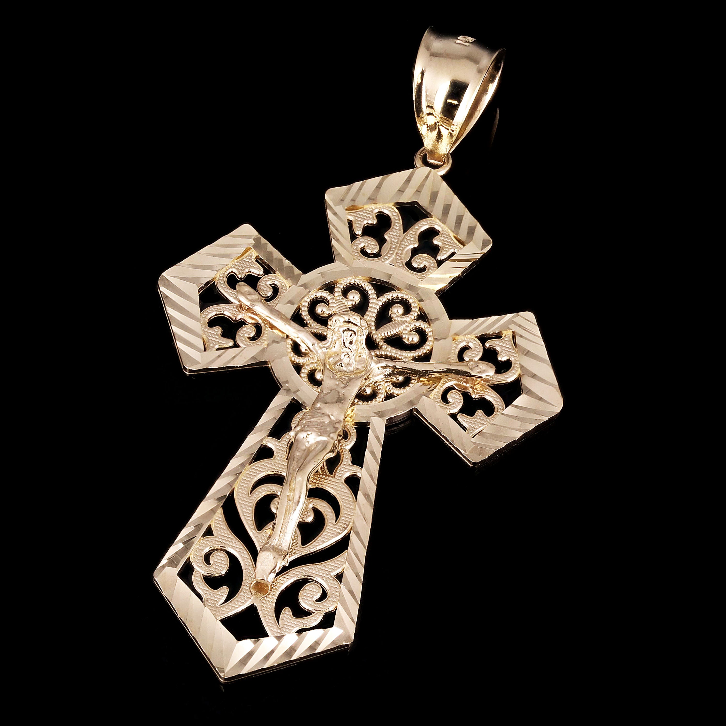 14k Yellow Gold Diamond-Cut Ornate Gothic Crucifix Cross Pendant 2.4" 6.6 grams