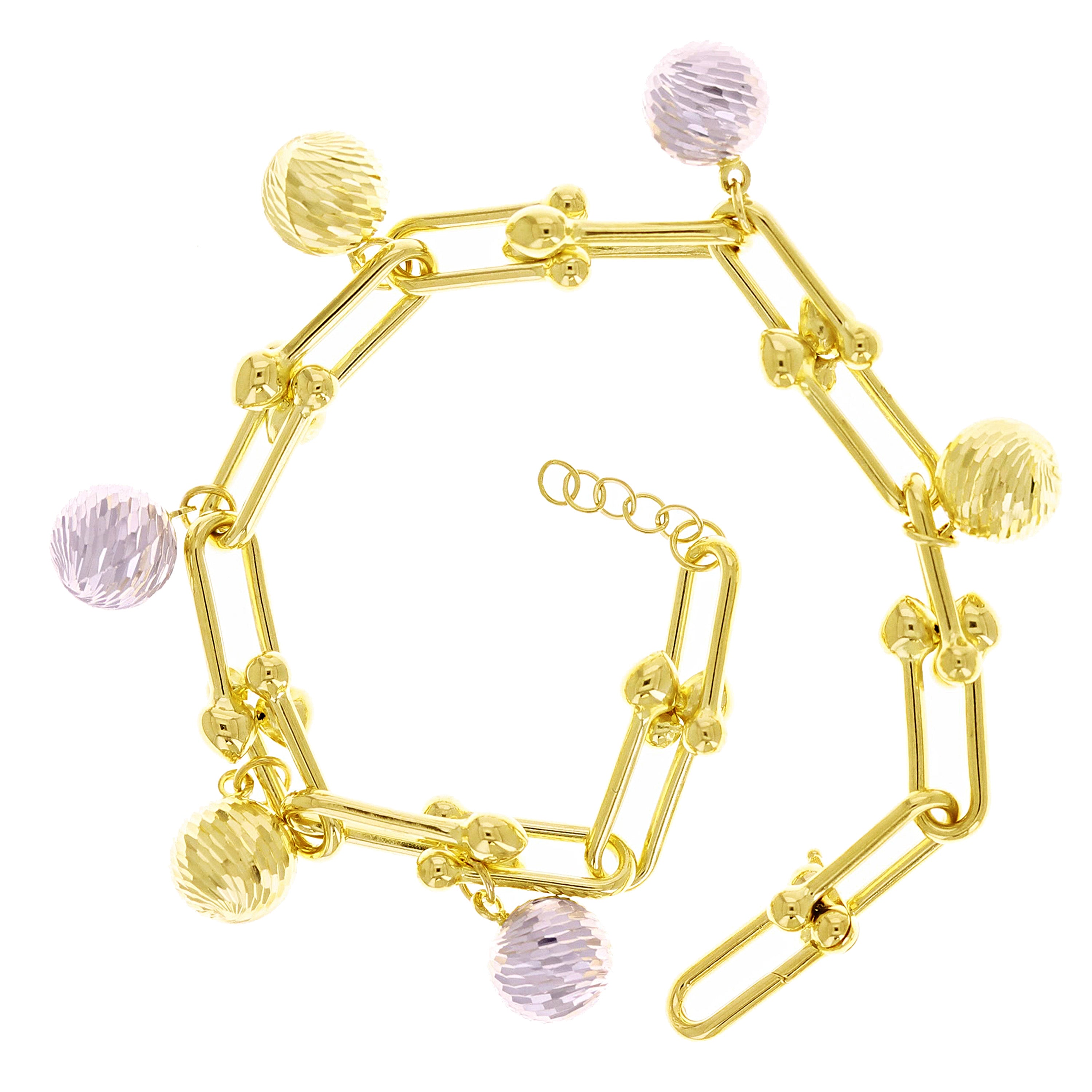 Italian 14k Two Tone Gold U-Link Ball Beads Charm Bracelet 7.25" 8 grams