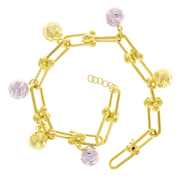 Italian 14k Two Tone Gold U-Link Ball Beads Charm Bracelet 7.25