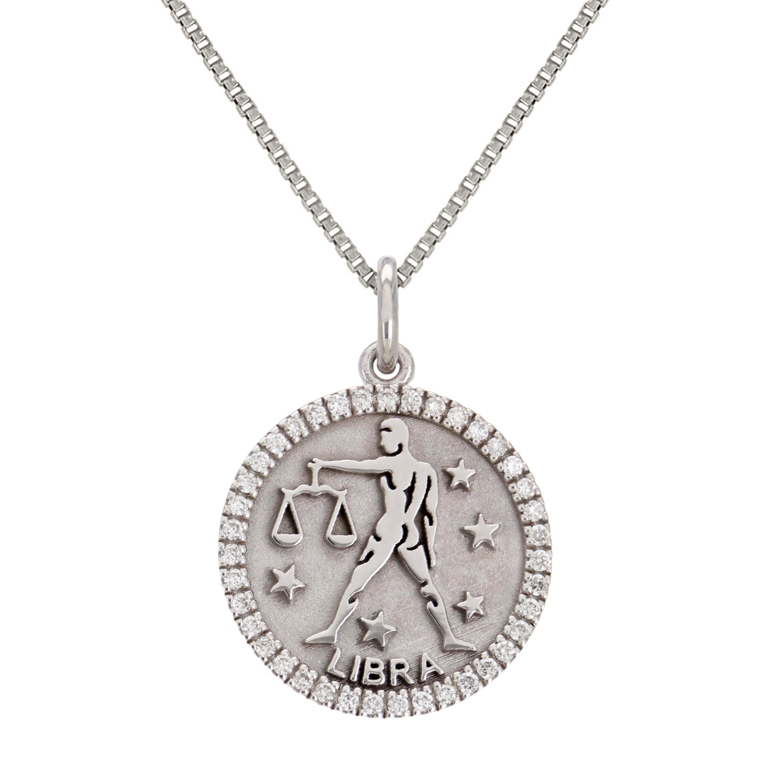 14k White Gold Diamond Zodiac Sign Libra Pendant Necklace 18" - Libra,White