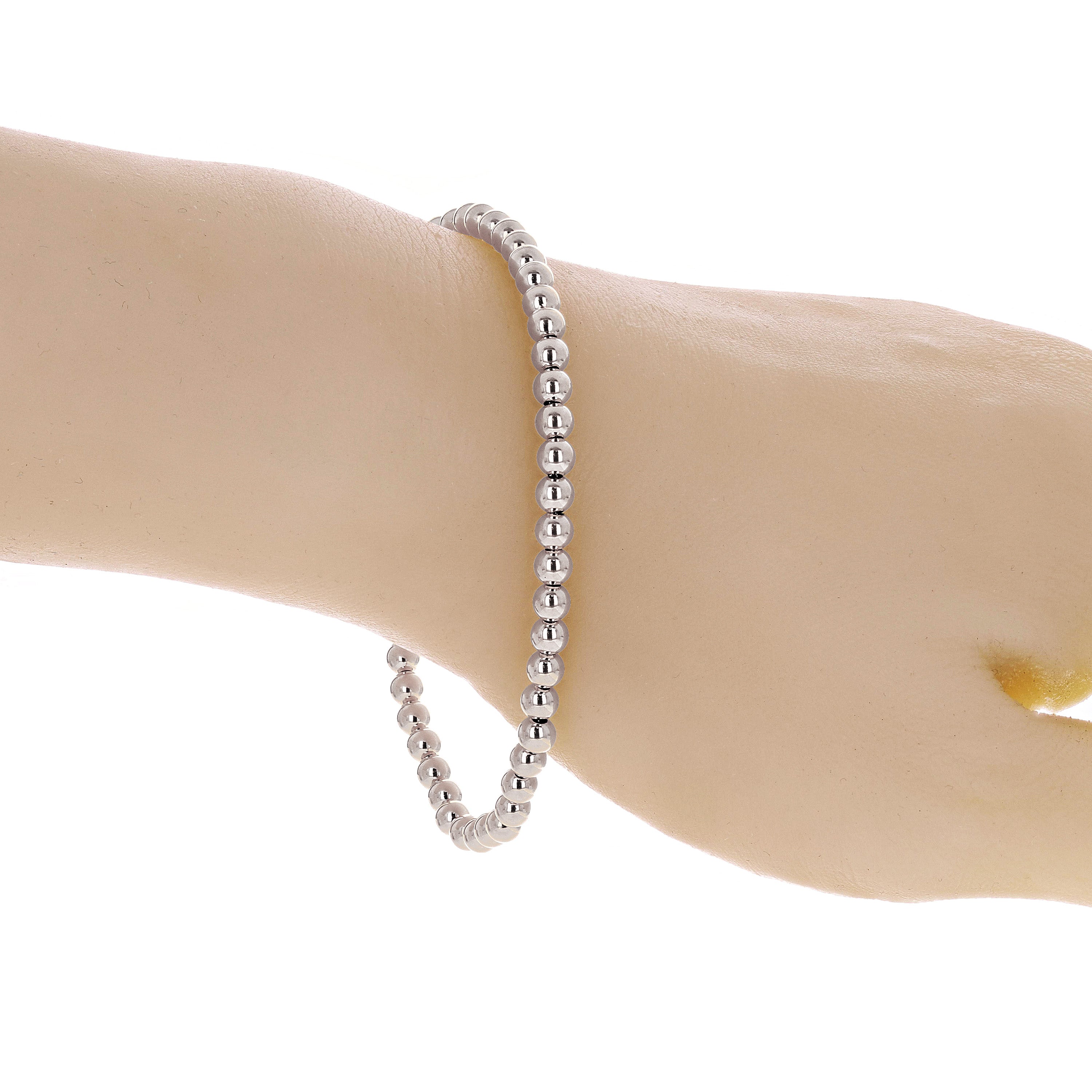 Italian 14k White Gold Hollow Ball Bead Bracelet 8" 4mm 3 grams - White
