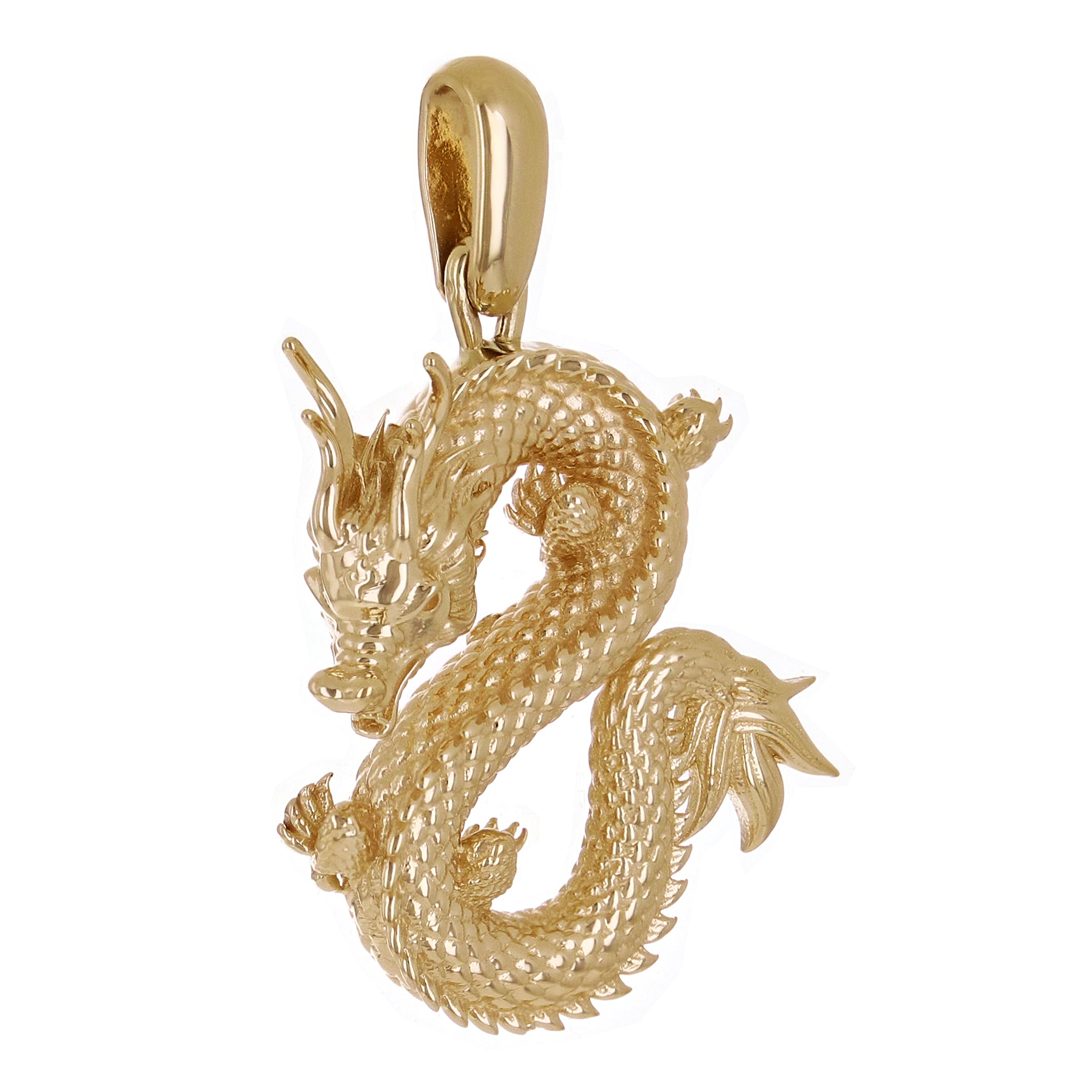 18k Yellow Gold Solid Detailed Good Luck 3D Dragon Charm Pendant 1.4" 8 grams