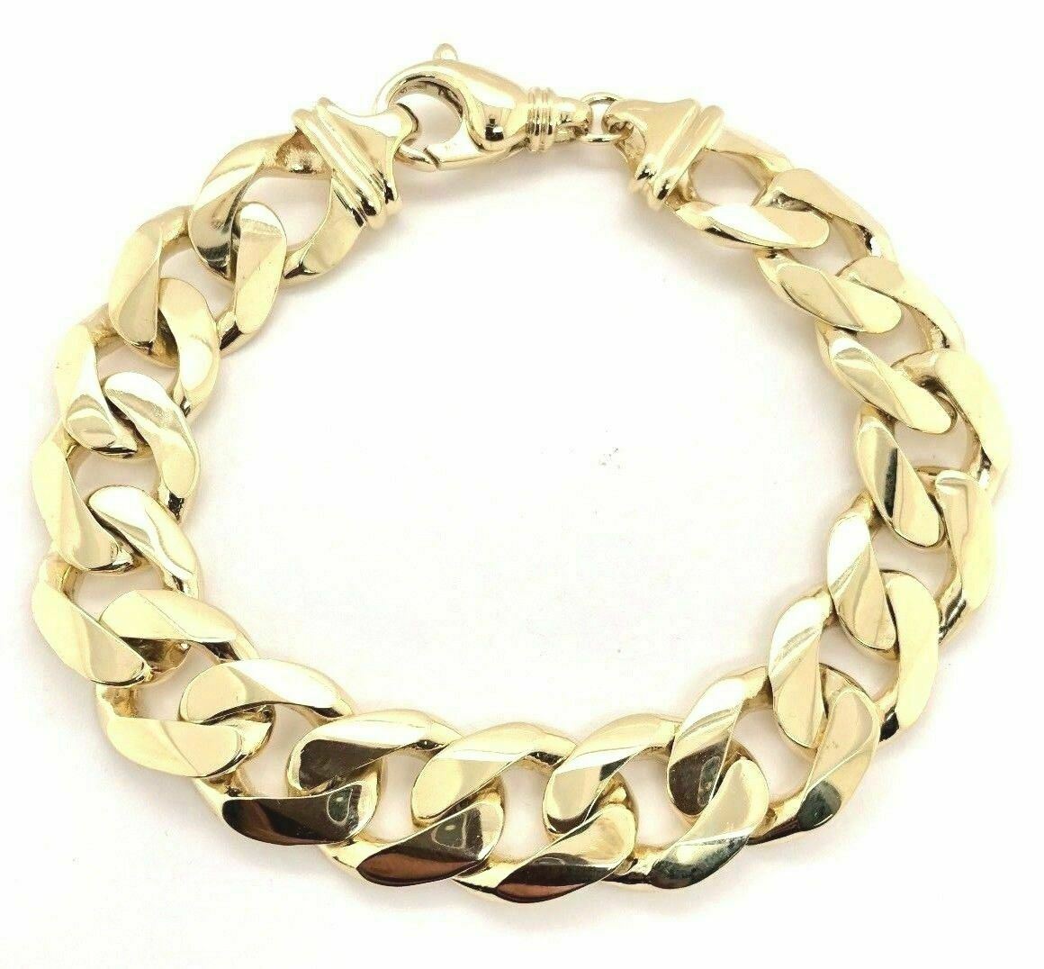 Men's 14k Yellow Gold Solid Heavy Cuban Link Chain Bracelet 9" 15.6mm 82 grams - 9"