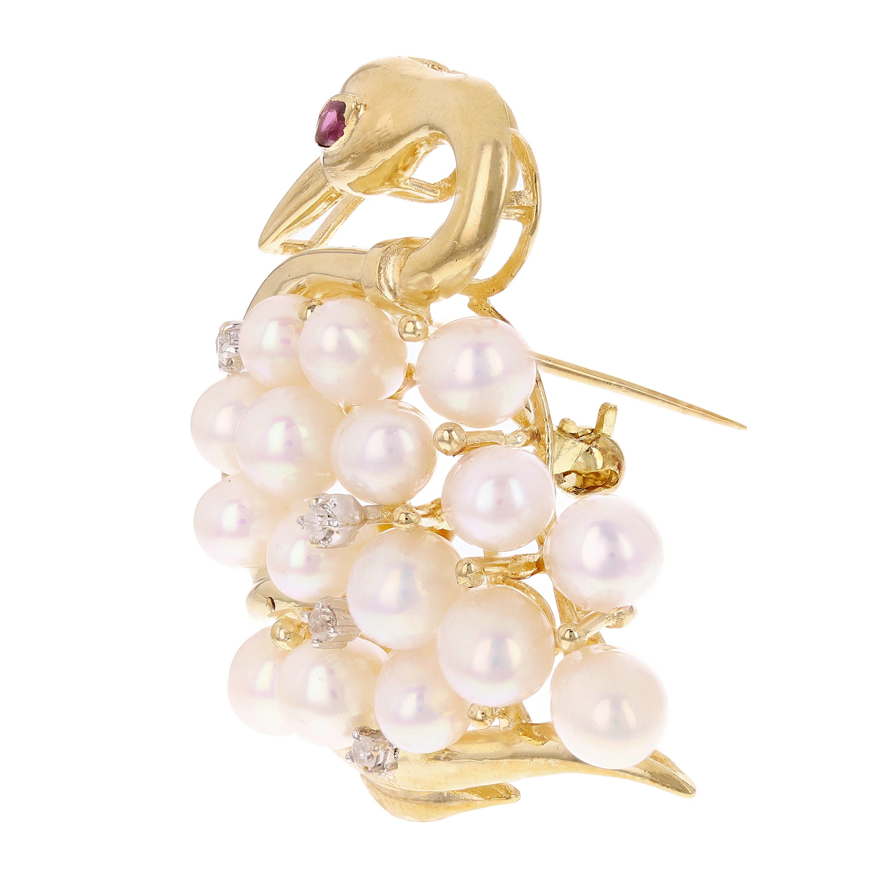 14k Yellow Gold Vintage Bird Swan Brooch Pin Pendant with Pearl, Ruby & Diamonds