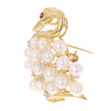 14k Yellow Gold Vintage Bird Swan Brooch Pin Pendant with Pearl, Ruby & Diamonds
