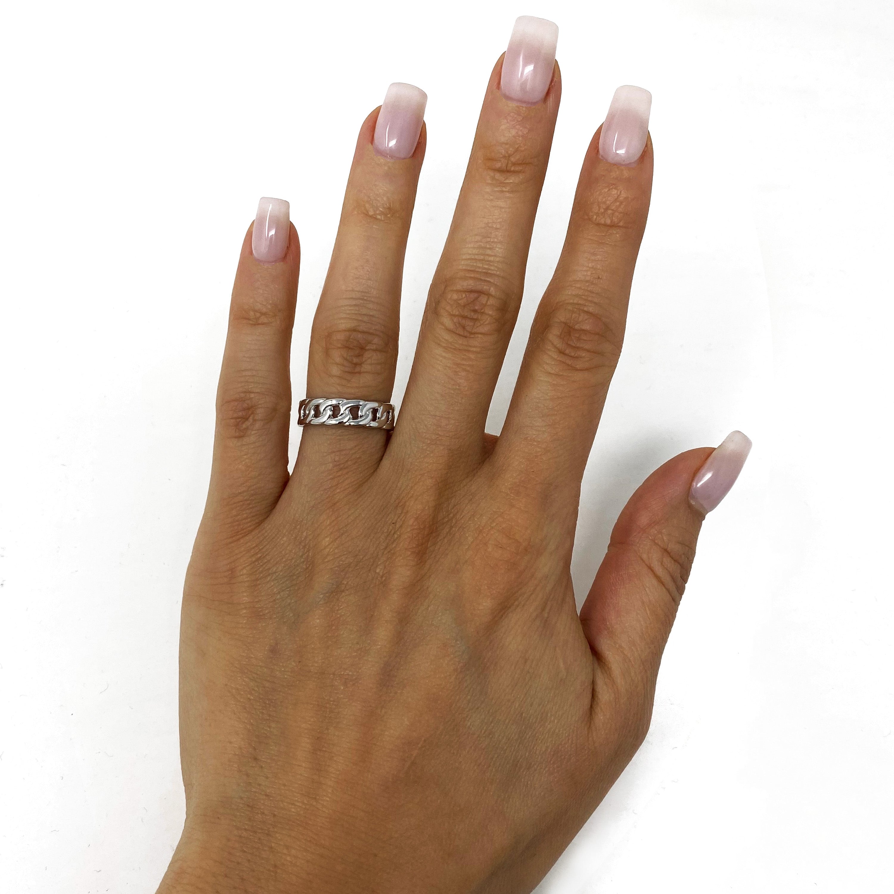 14k White Gold Cuban Link Ring Chain Stackable Ring Band Size 6.75 3.5 grams - White