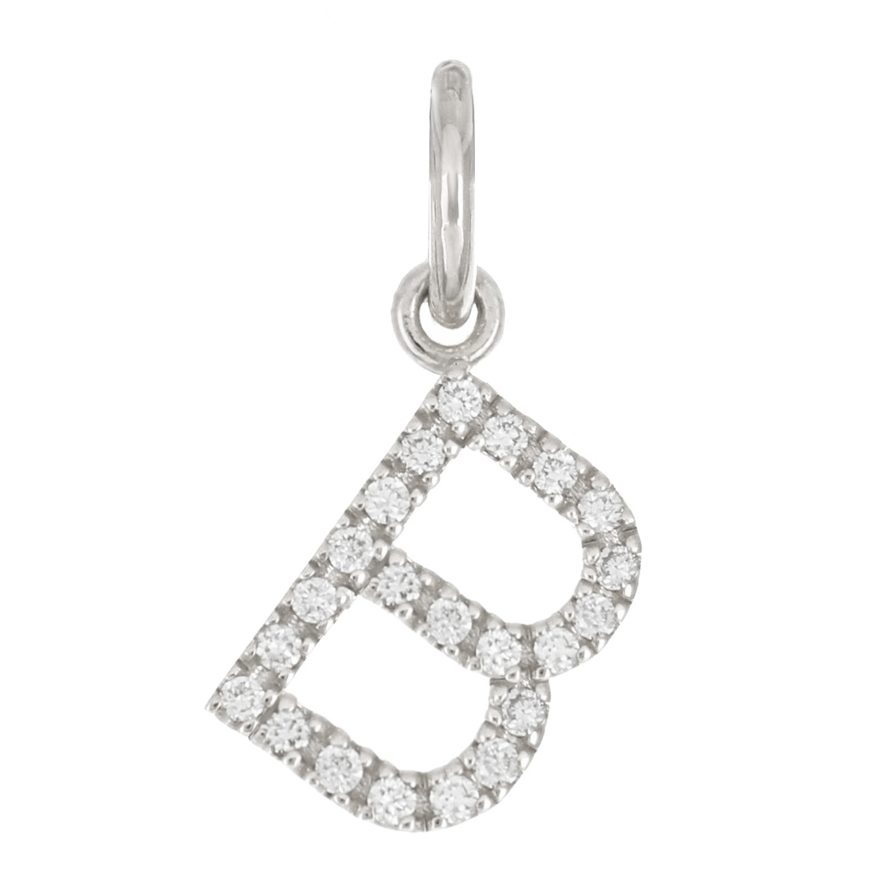 14k White Gold Diamond Initial Letter B Charm Pendant - Letter B,White