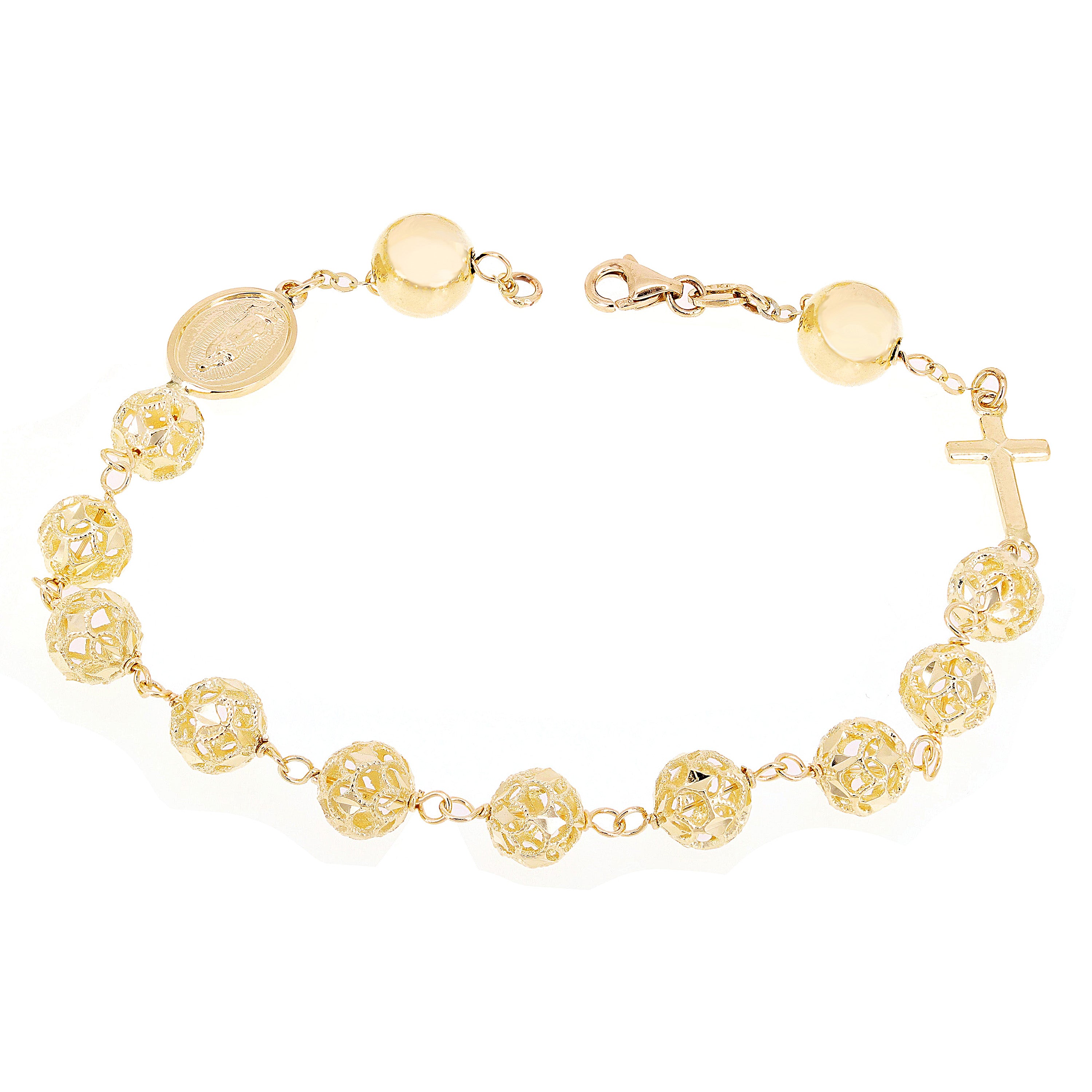 Italian 14k Yellow Gold Diamond-Cut Beaded Rosary Bracelet 8.5" 7.3mm 10 grams