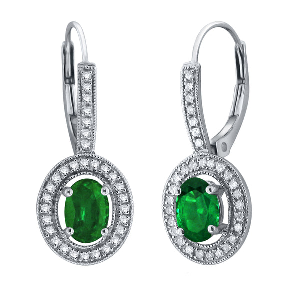 14k White Gold 0.20ctw Emerald & Diamond Oval Dangle Hoop Earrings - Emerald
