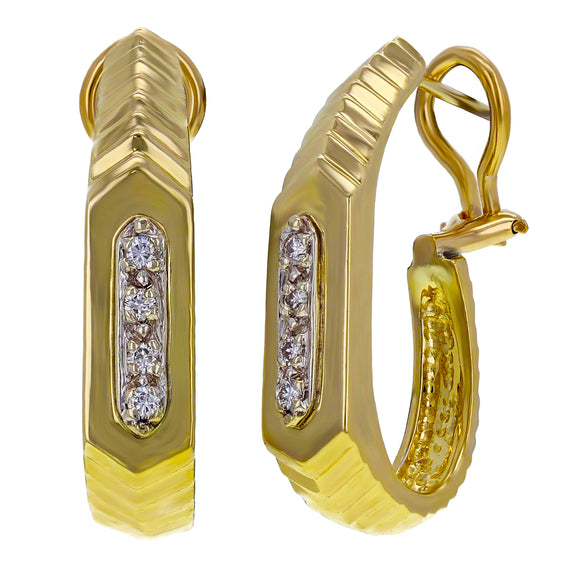 14k Yellow Gold 0.08ctw Diamond Chevron Scalloped J-Hoop Retro Earrings