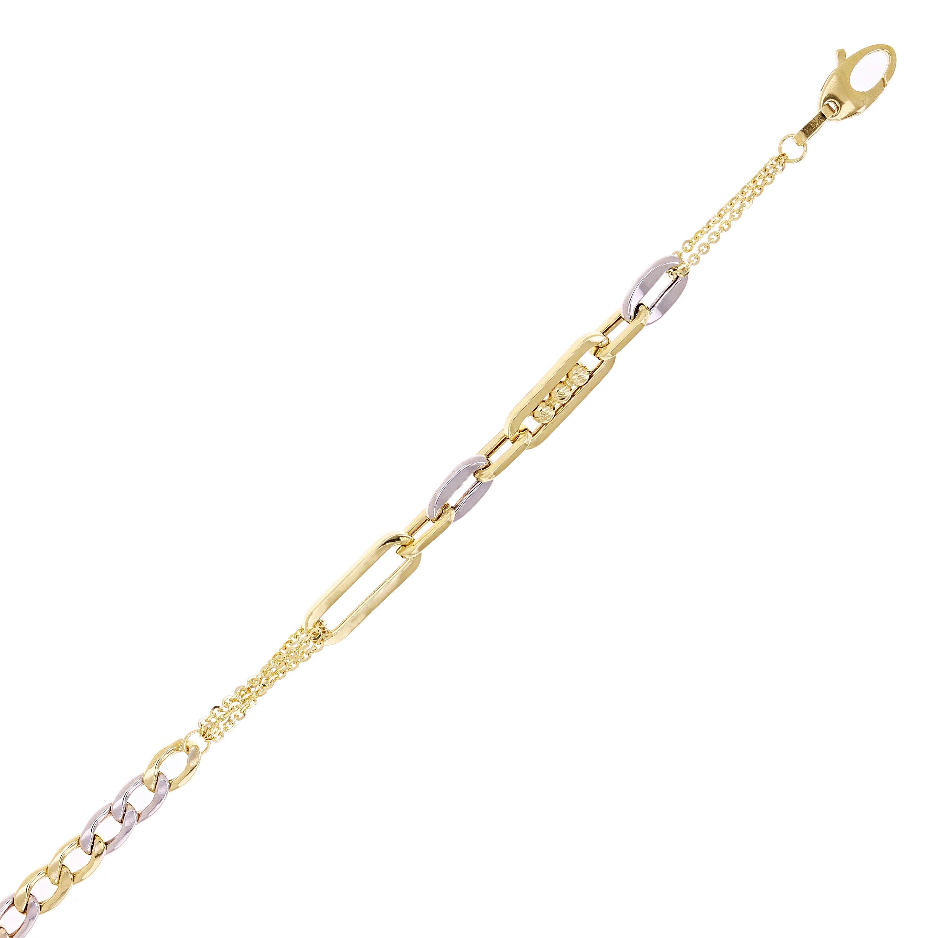 Italian 14k Two Tone Gold Paper Clip & Cuban Link Chain Bracelet 7.5" 4.3 grams