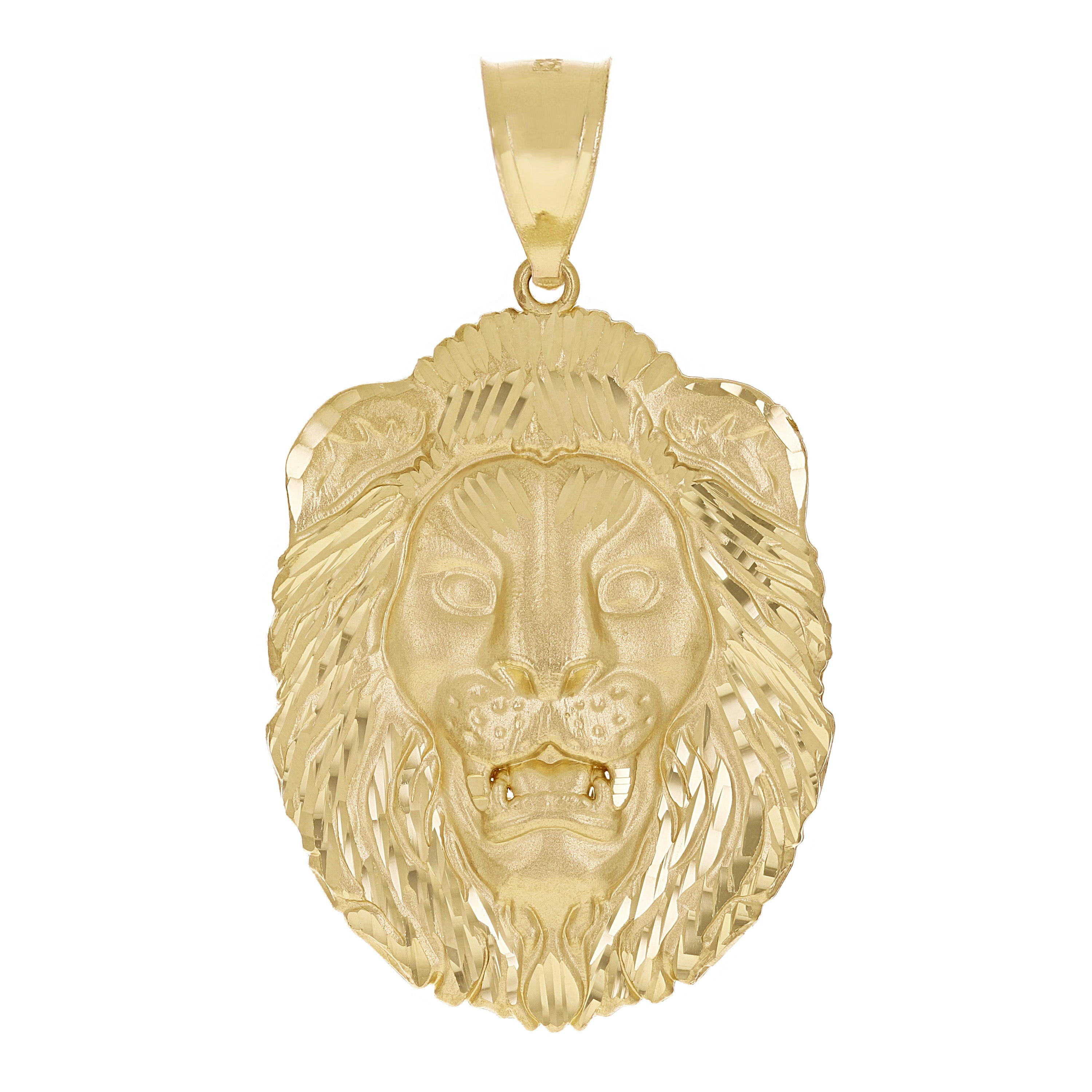 14k Yellow Gold Solid Diamond Cut Roaring Lion Head Face Pendant 2.3" 9.5 grams - Large
