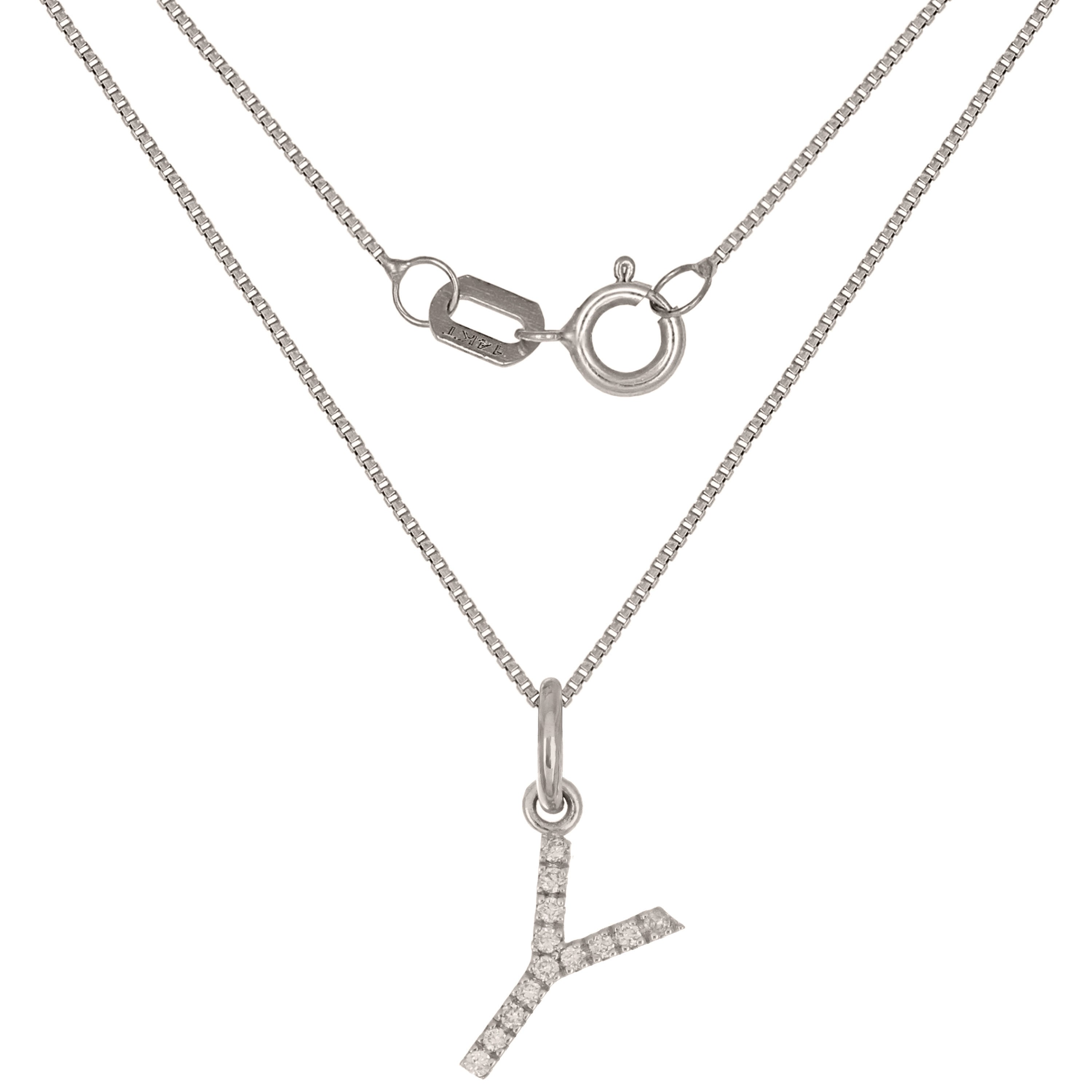 14k White Gold Diamond Initial Letter Y Charm Pendant Necklace 18" - Letter Y,White