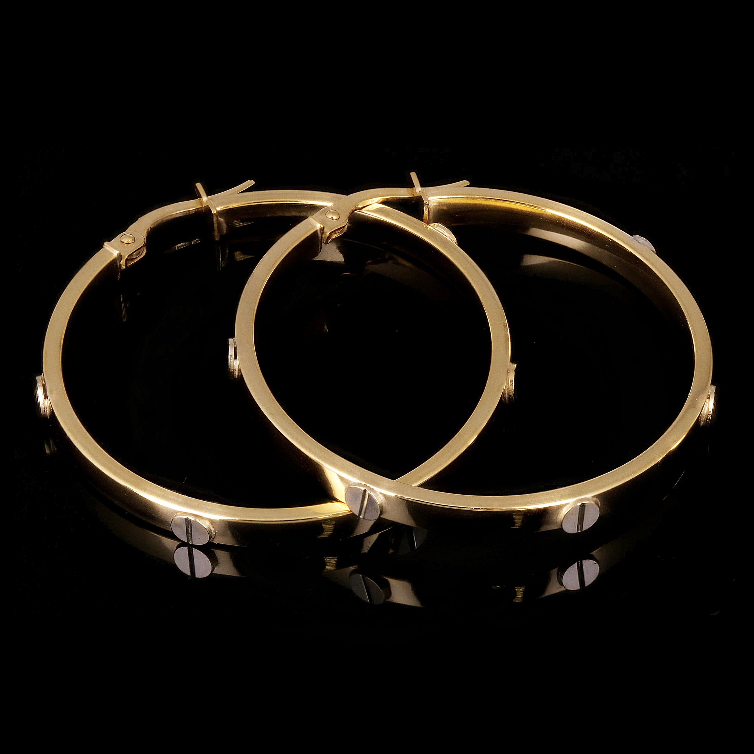 Italian 14k Two-Tone Gold Hollow Screw Design Hoop Earrings 1.4" 3mm 3.1 grams