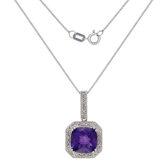 14k White Gold 0.18ctw Amethyst & Diamond Cushion Pendant Necklace 18