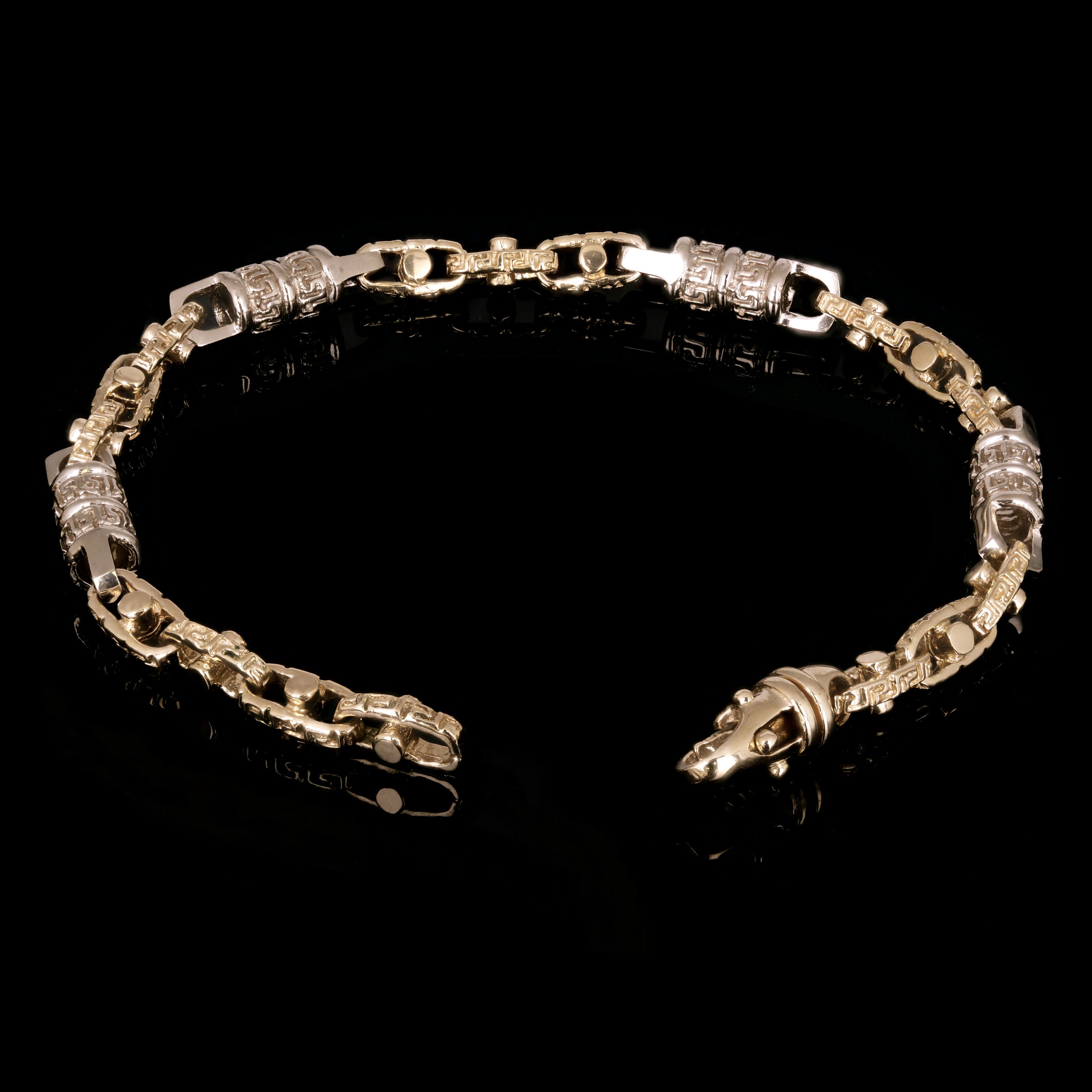 14k Yellow & White Gold Greek Barrell & Links Gold Bracelet 7" 7.5mm 28.6 grams - 7" 28.6 grams