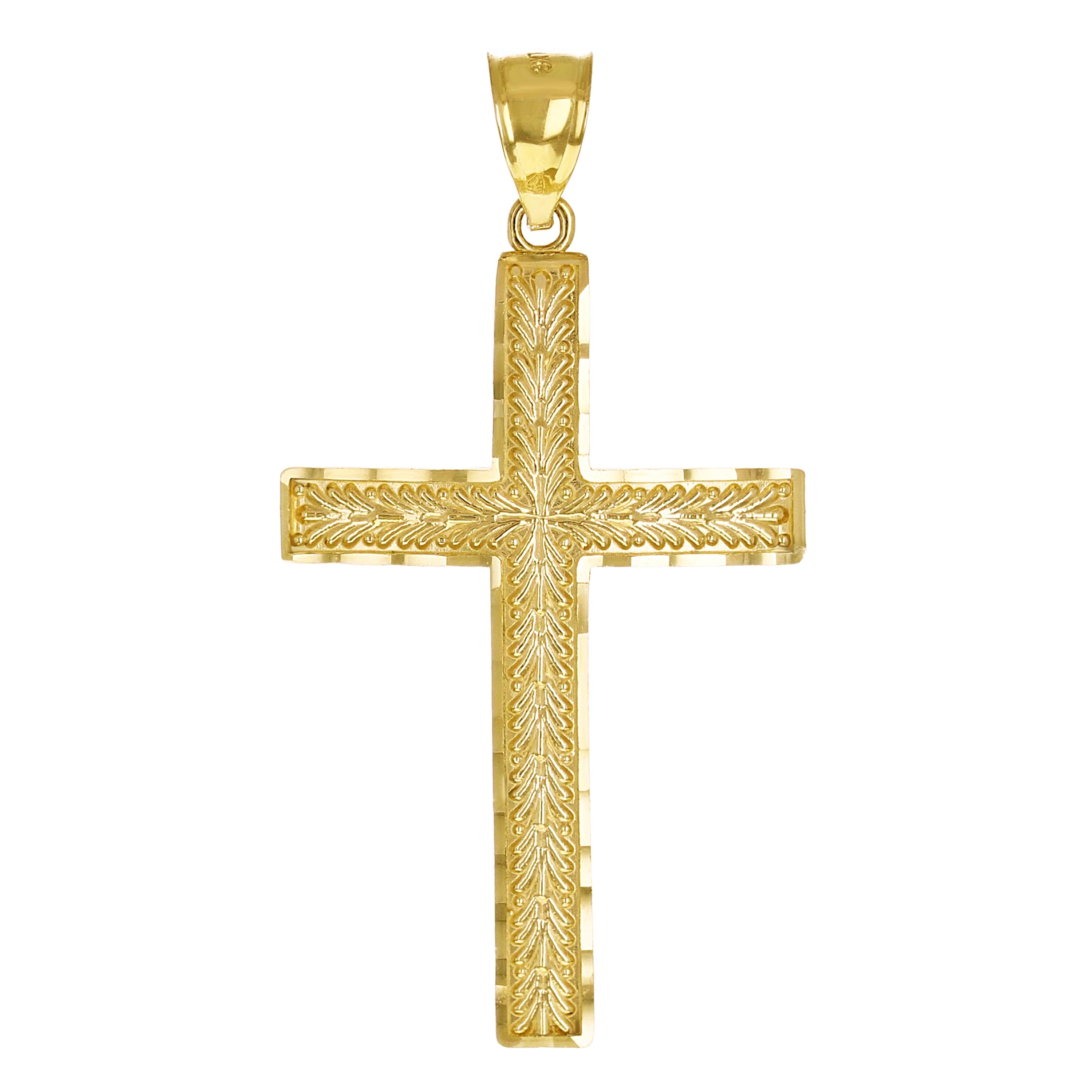 14k Yellow Gold Diamond Cut Leaf Pattern Cross Pendant 1.9" 4.2 grams