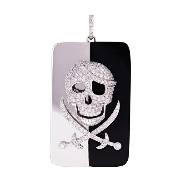 18k White Gold Onyx Pirate Skull Dog Tag Pendant with 200 Natural Diamonds