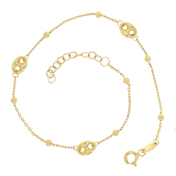Italian 14k Yellow Gold Puff Mariner Charm Beads Anchor Bracelet 8