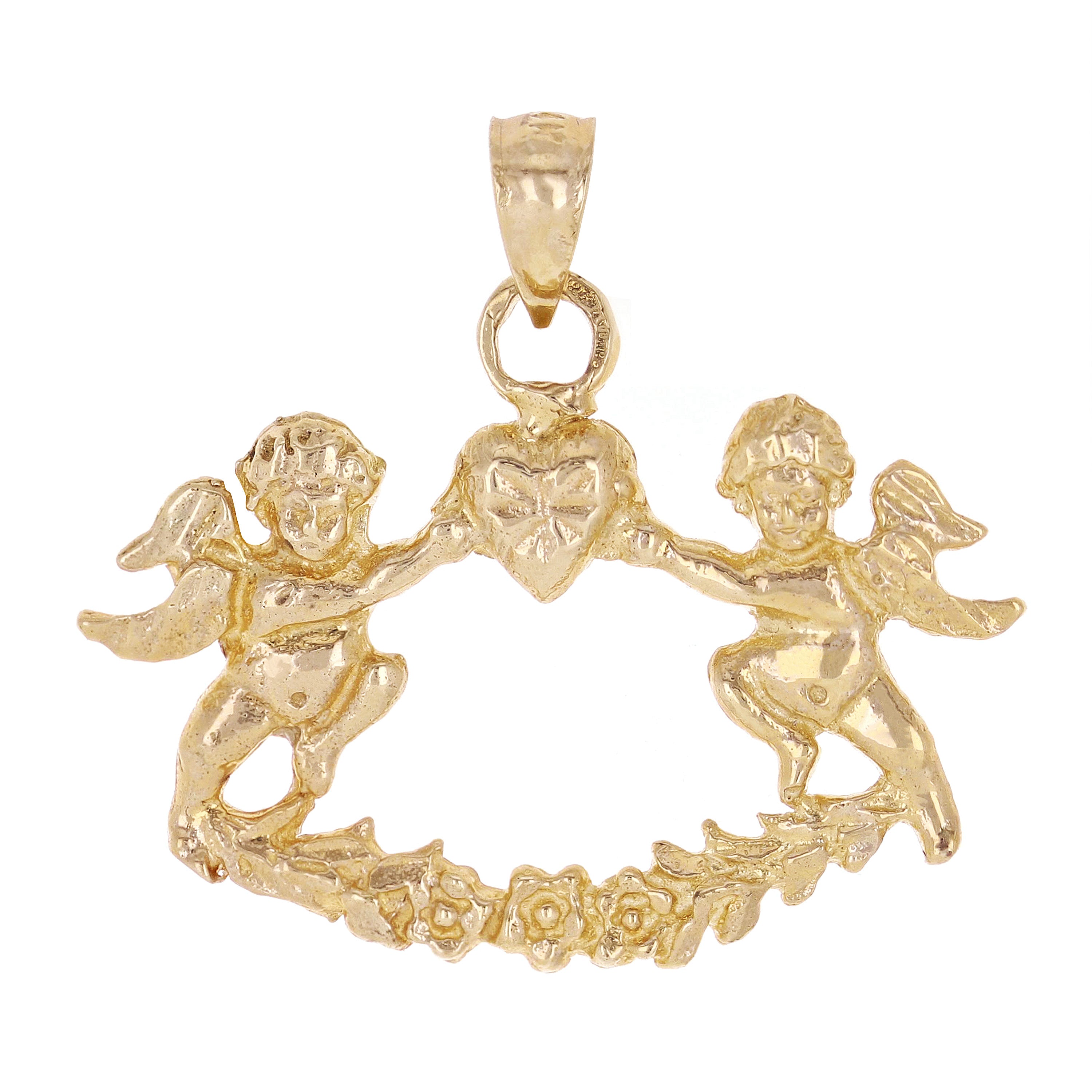 14k Yellow Gold Cherub Guardian Angels Charm Pendant 1.1" 3.2 grams