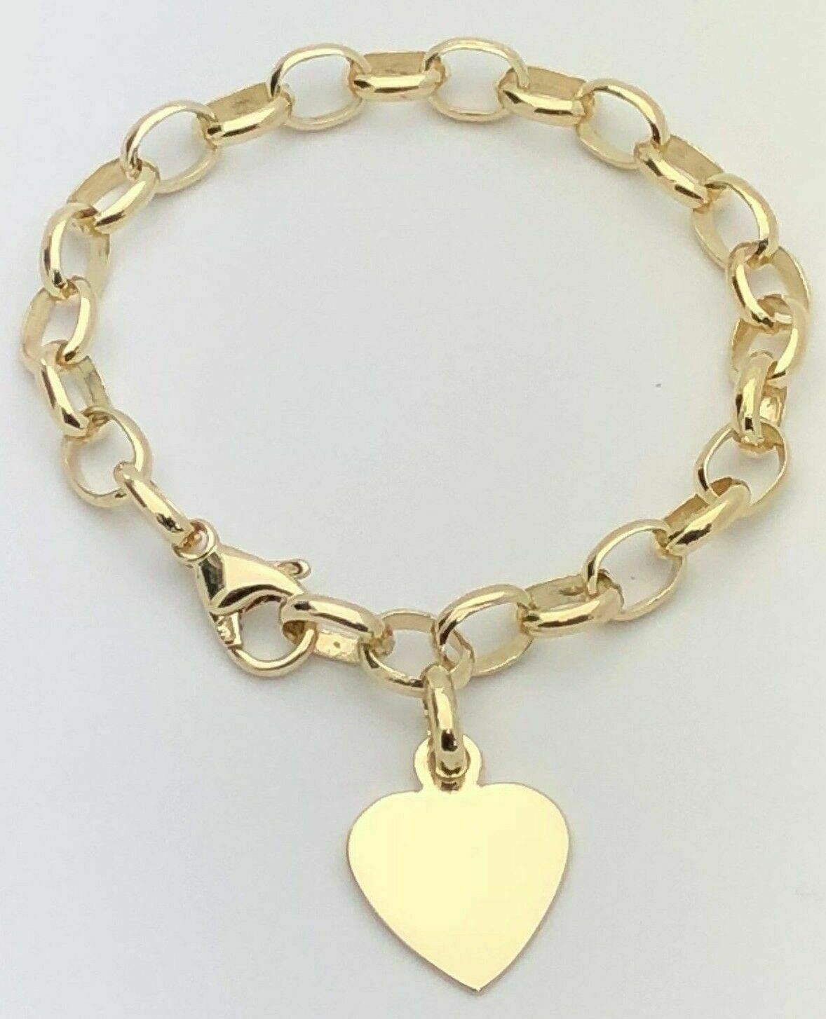 14k Yellow Gold Rolo Link Heart Charm Bracelet 8" 17.5 grams