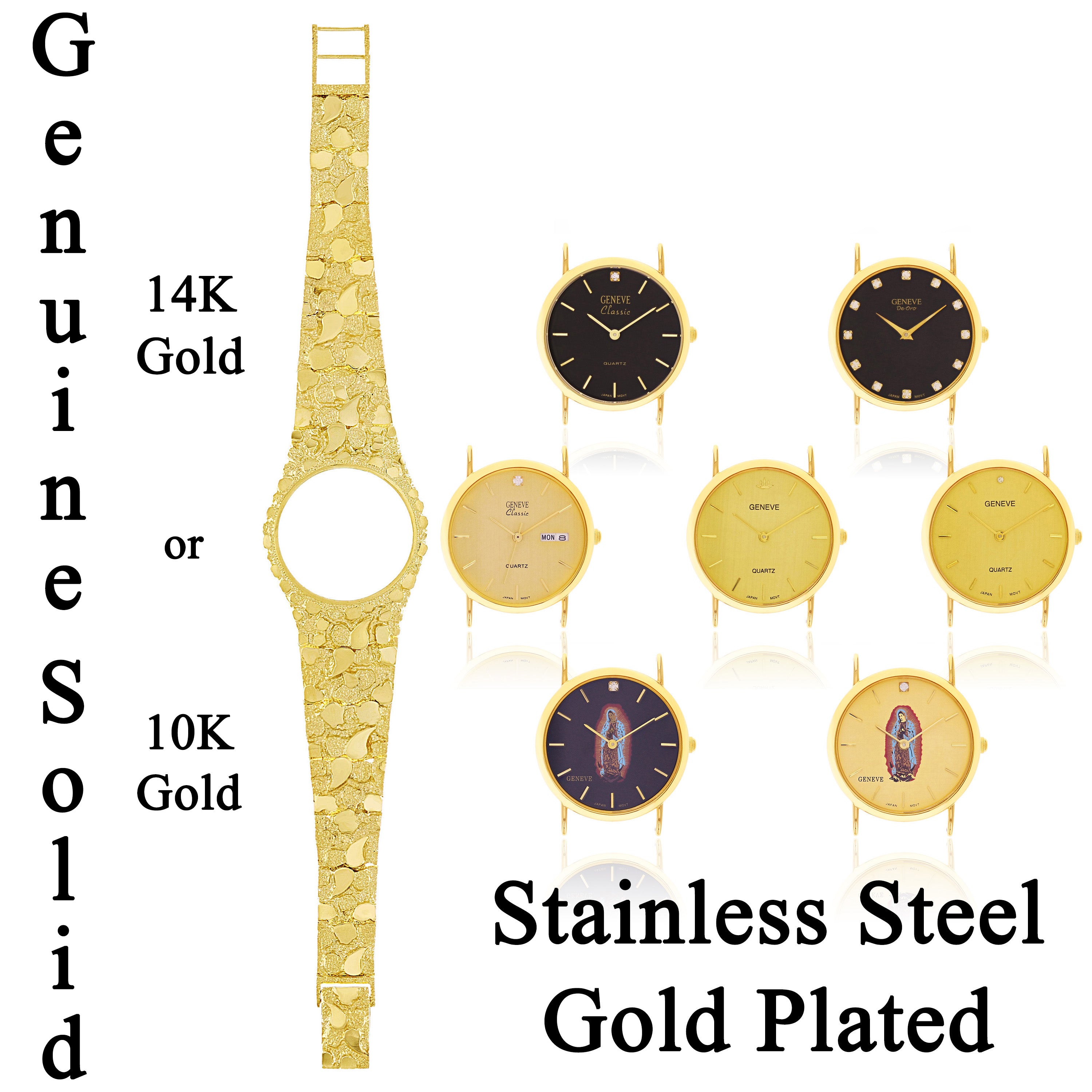 14k Yellow Gold Lady of Guadalupe Geneve Diamond Watch Nugget Band 7-7.5" 53 grams - 7.5" 53 grams