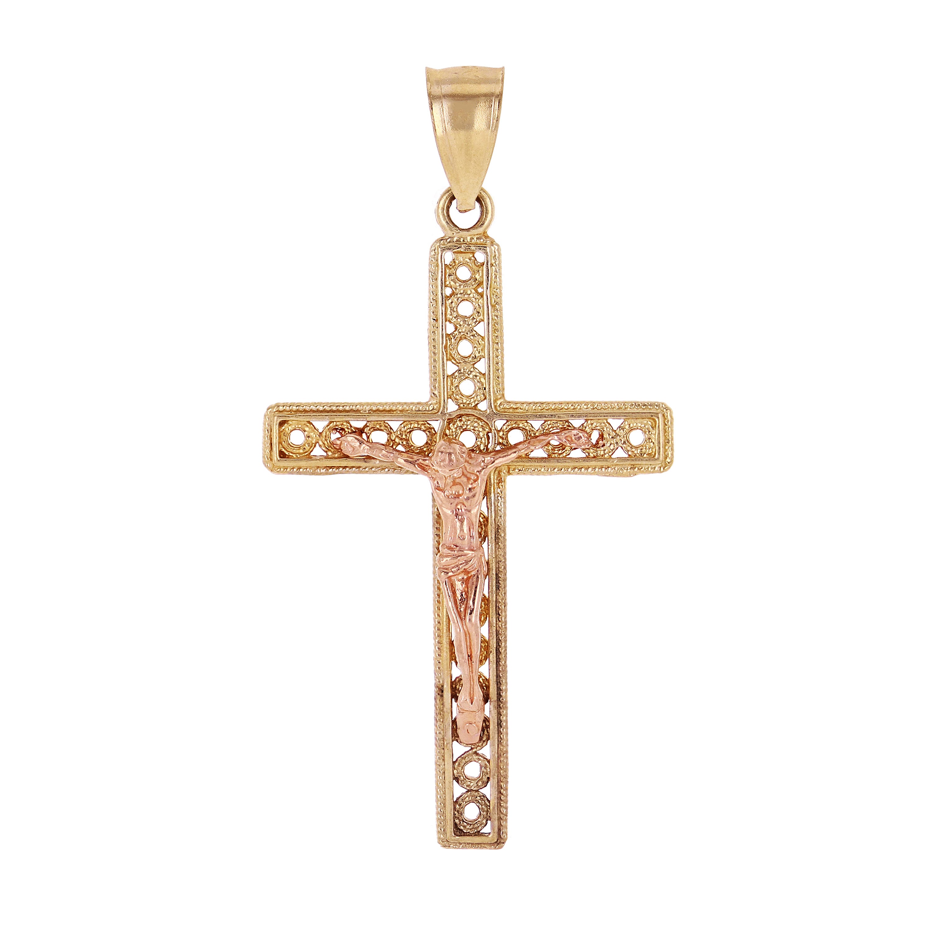 14k Yellow & Rose Gold Filigree Crucifix Cross Charm Pendant 1.8" 2.7 grams