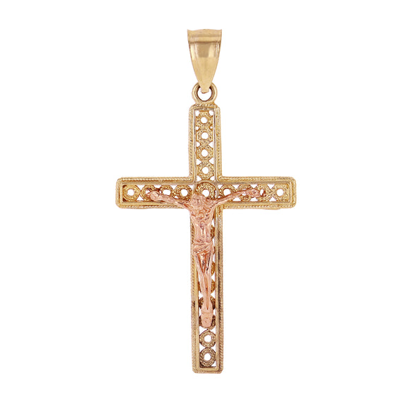14k Yellow & Rose Gold Filigree Crucifix Cross Charm Pendant 1.8