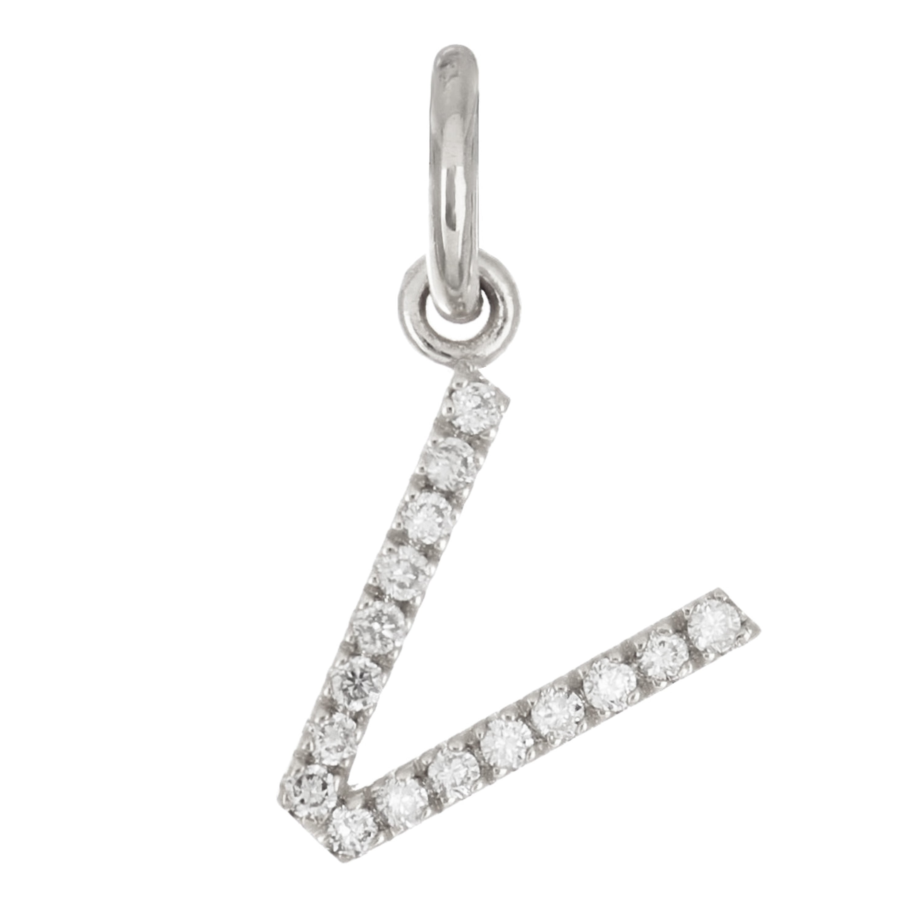 14k White Gold Diamond Initial Letter V Charm Pendant - Letter V,White