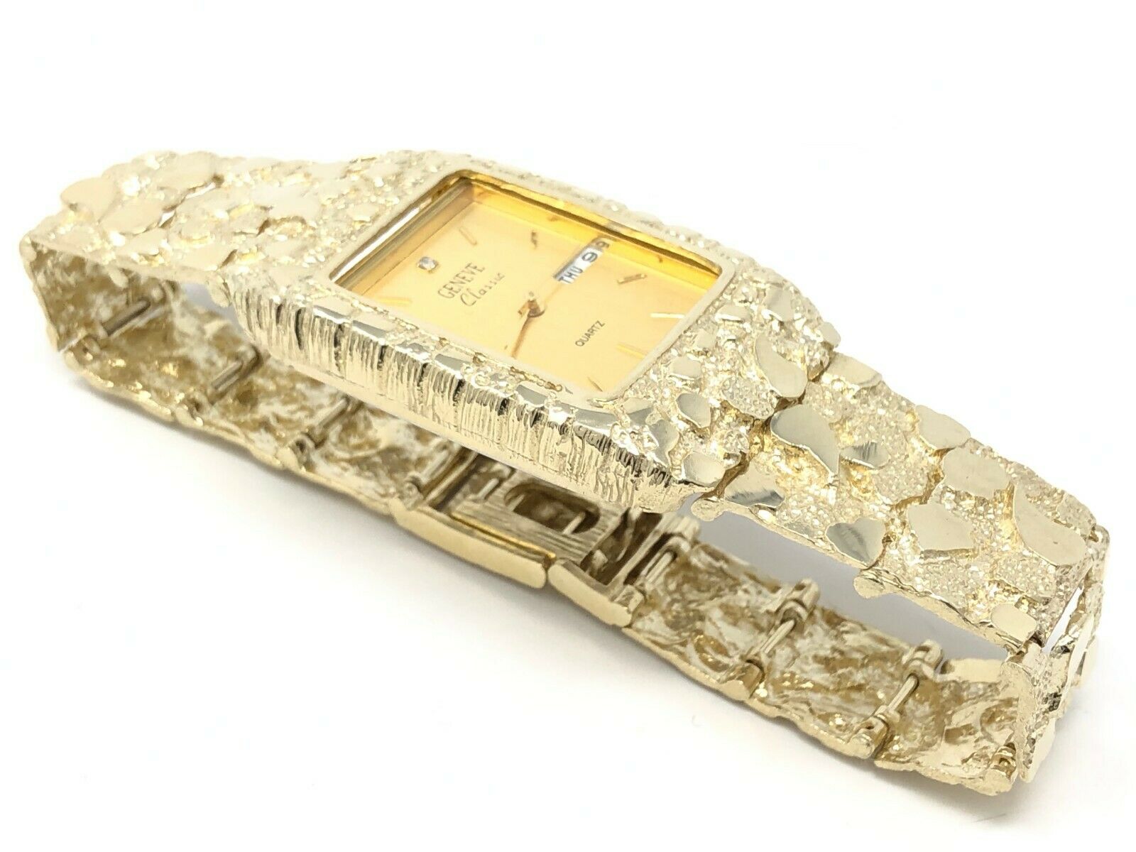 10k Yellow Gold Nugget Bracelet Link Wrist Watch Geneve with diamond 7.75" 55g