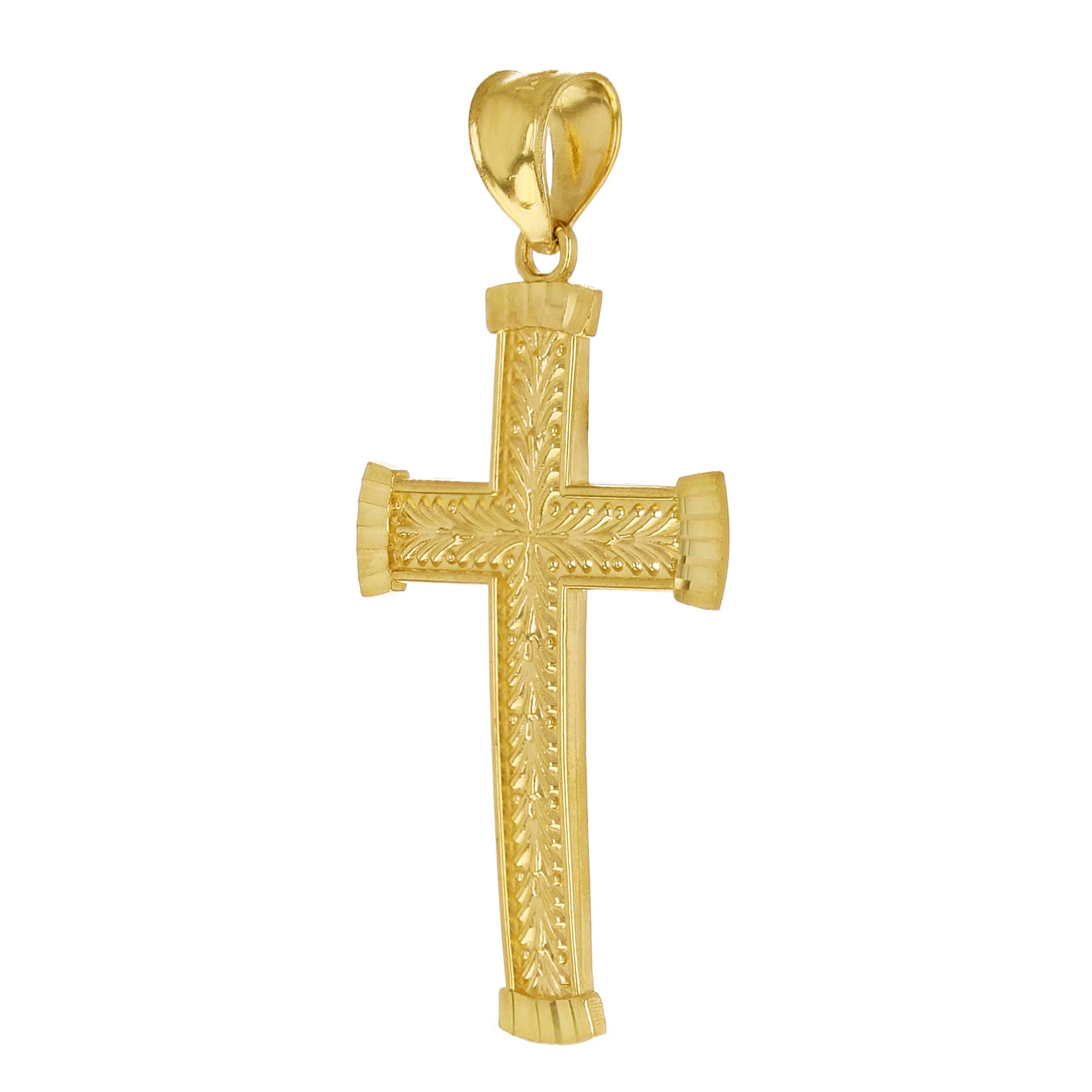 14k Yellow Gold Solid Diamond Cut Leaf Pattern Cross Pendant 1.6" 2.2 grams