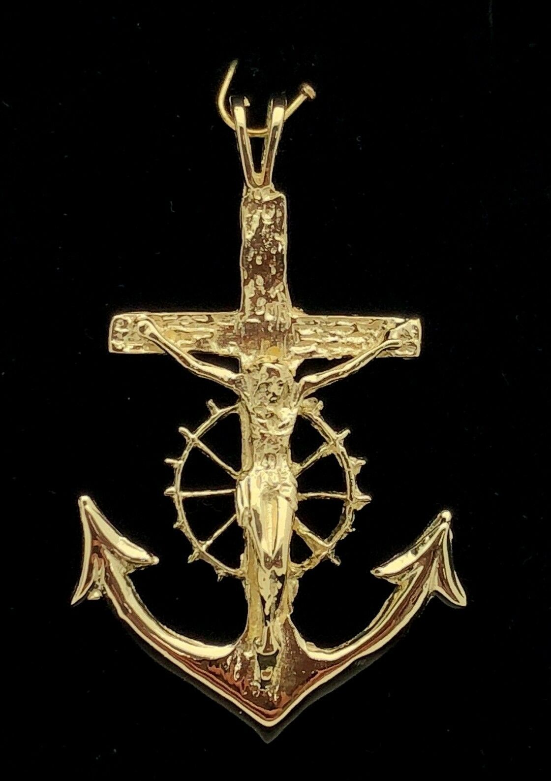 10k Yellow Gold Jesus Crucifix Wheel Mariners Anchor Cross Pendant 1.85" 4.7g