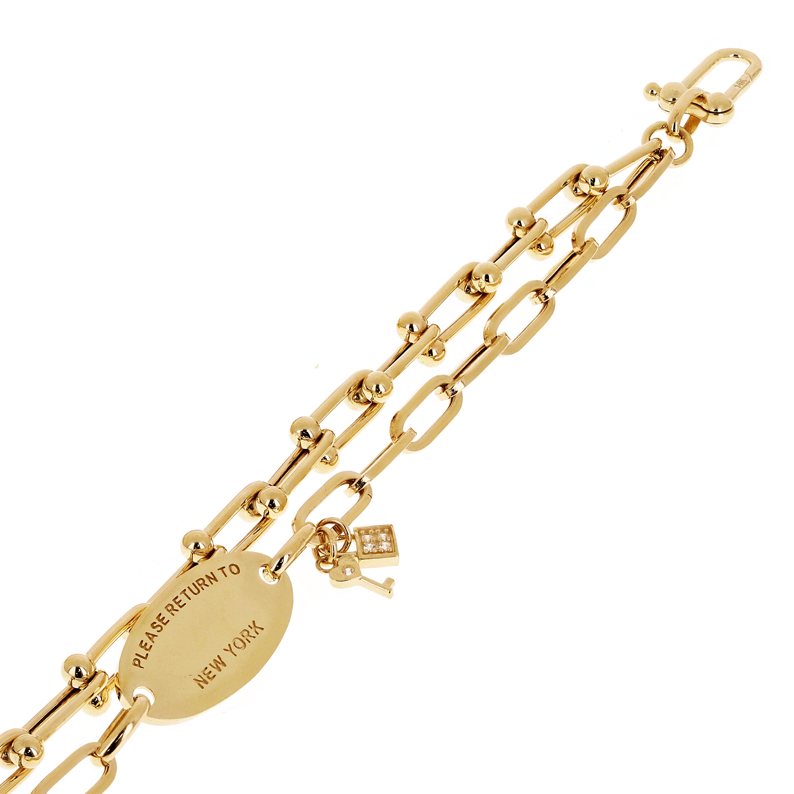 Italian 14k Yellow Gold Double U Shape Hardwear Heart & Key Charm Bracelet 7.5" - 7.5" 11 grams