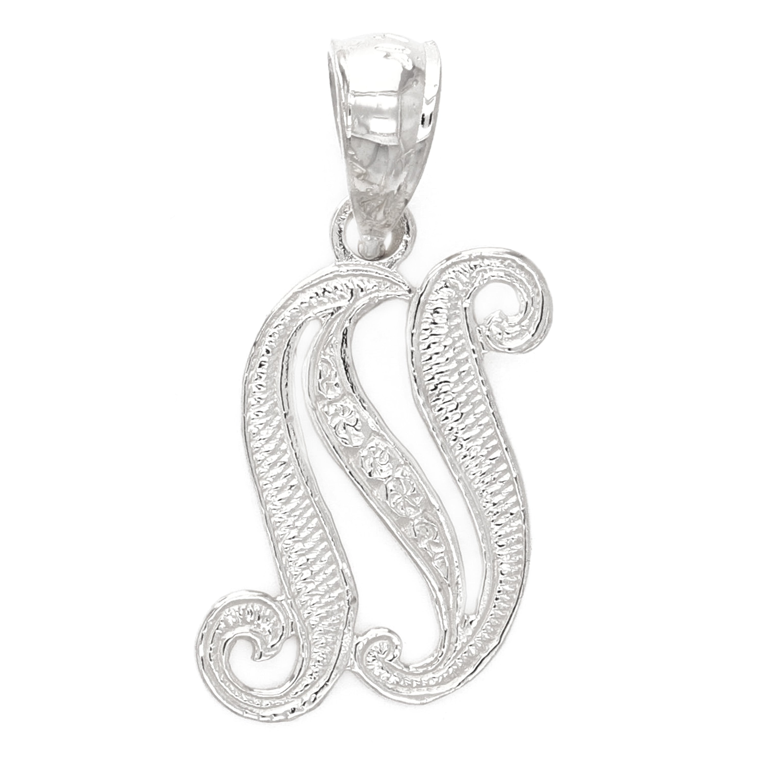 14k White Gold Initial Letter N Alphabet Charm Pendant - Letter N,White