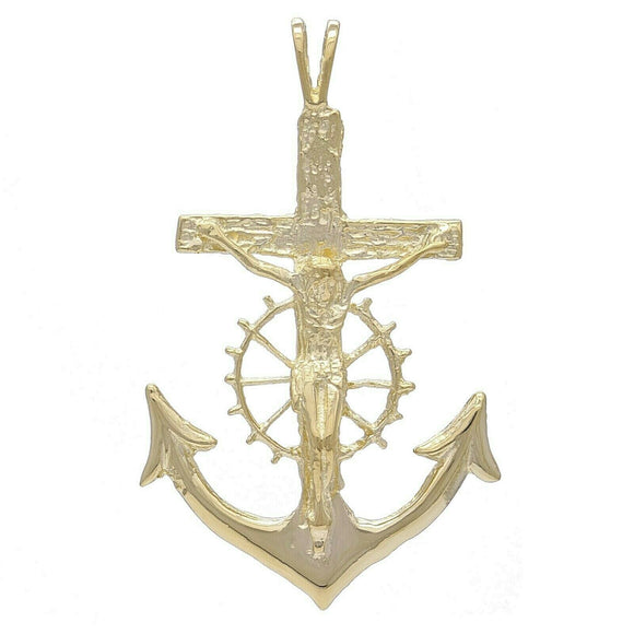 10k Yellow Gold Jesus Crucifix Wheel Mariners Anchor Cross Pendant 1.85