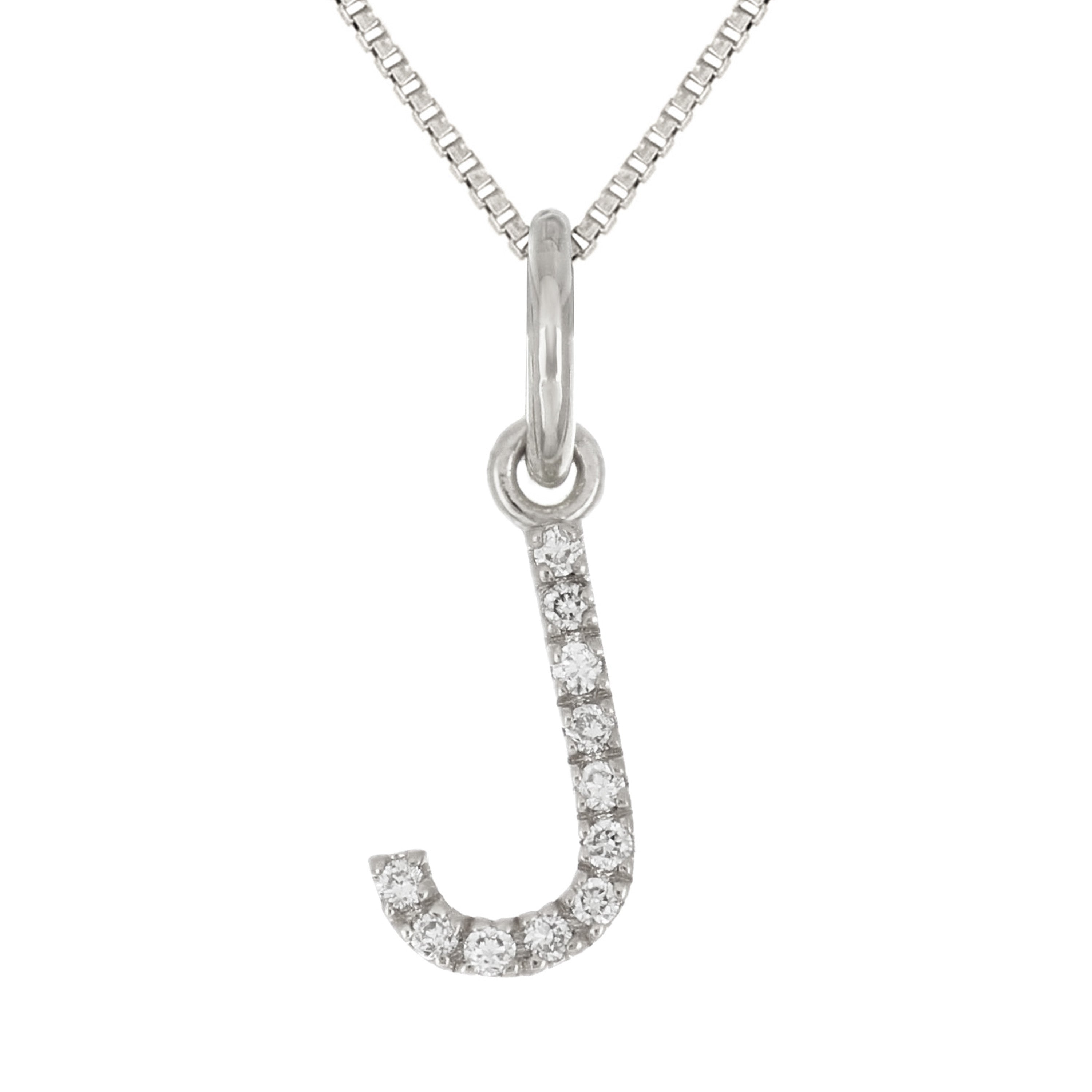 14k White Gold Diamond Initial Letter J Charm Pendant Necklace 18" - Letter J,White