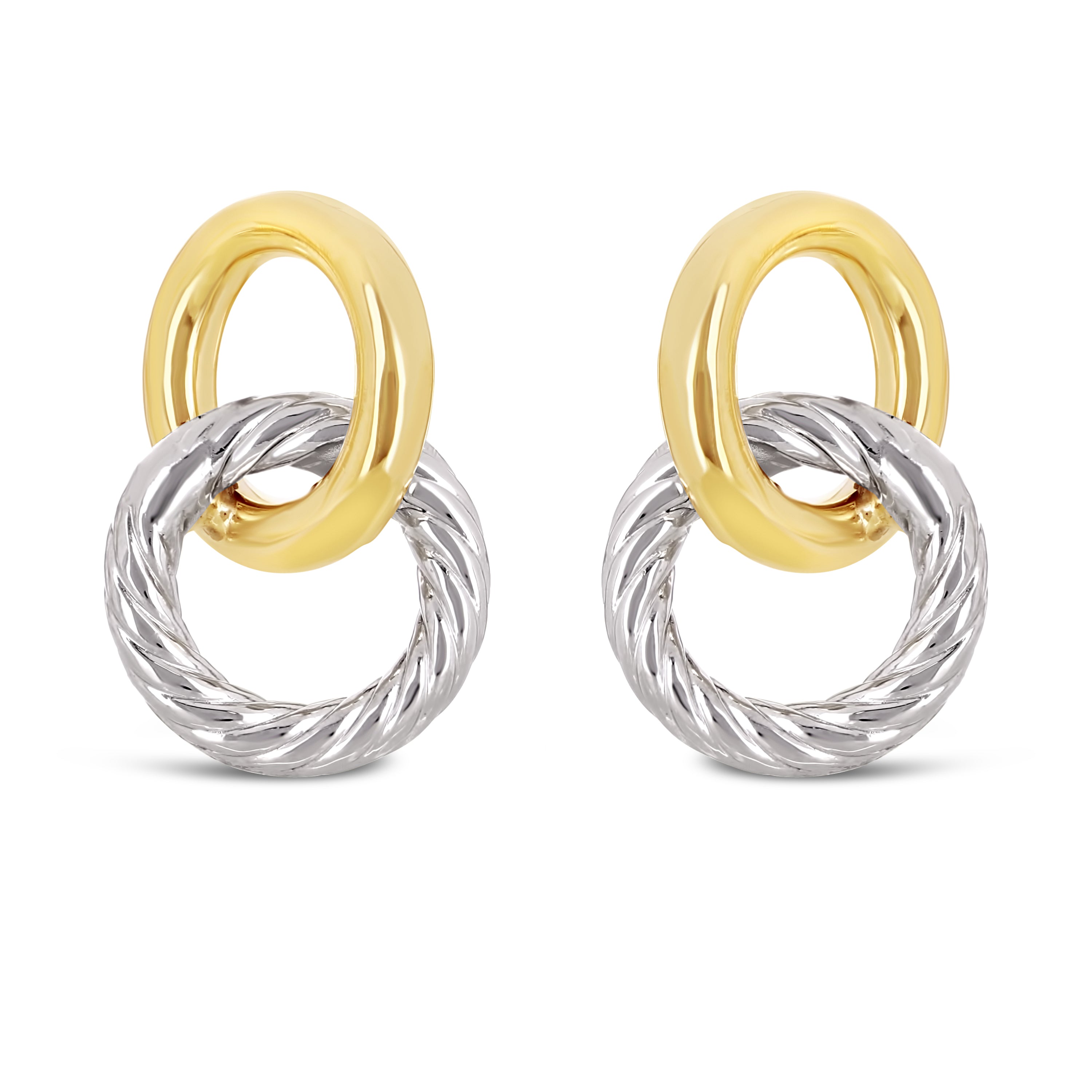 Italian 14k Yellow & White Gold Double Tube Shiny Eternity Circle Stud Earrings - Double Tube