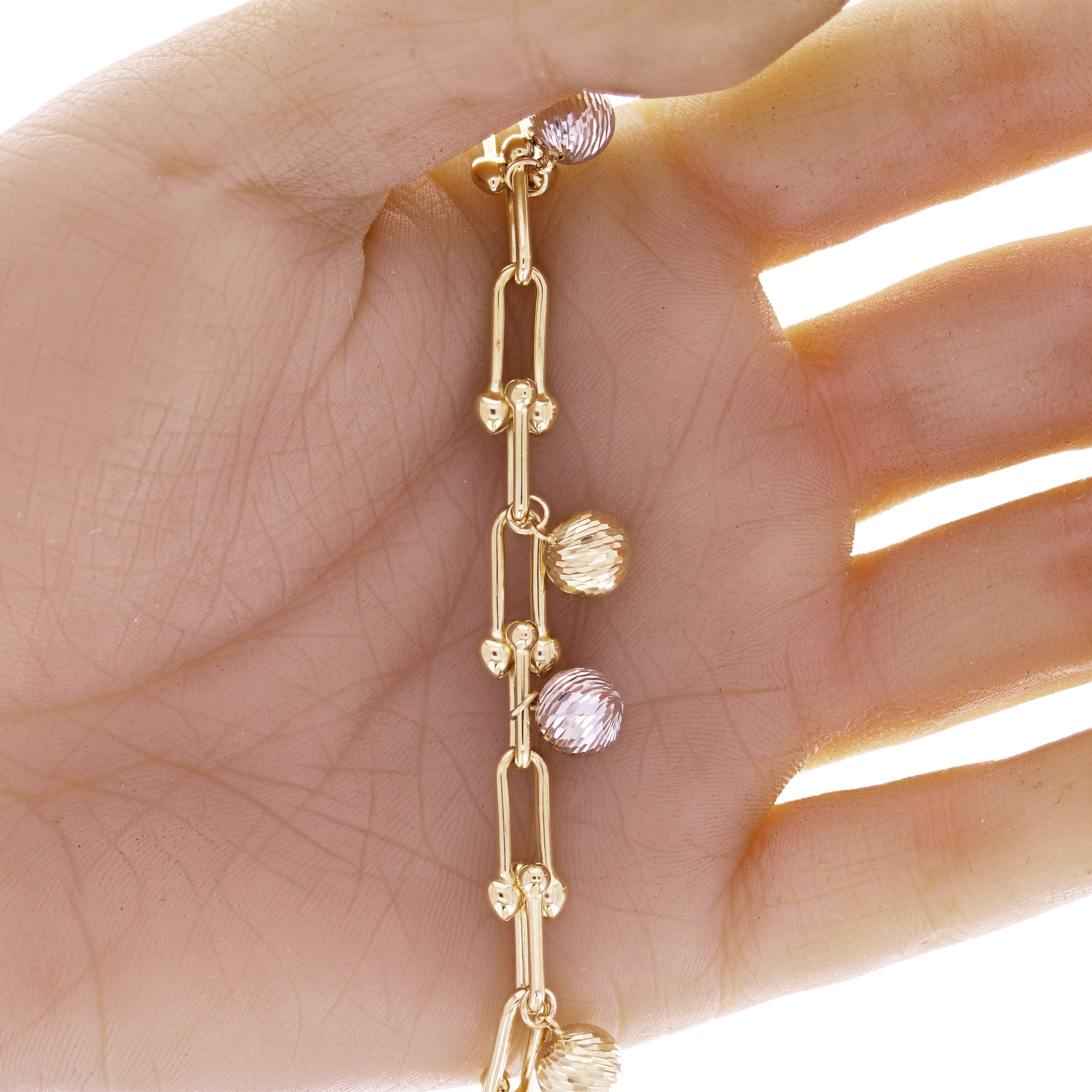 Italian 14k Two Tone Gold U-Link Ball Beads Charm Bracelet 7.25" 8 grams