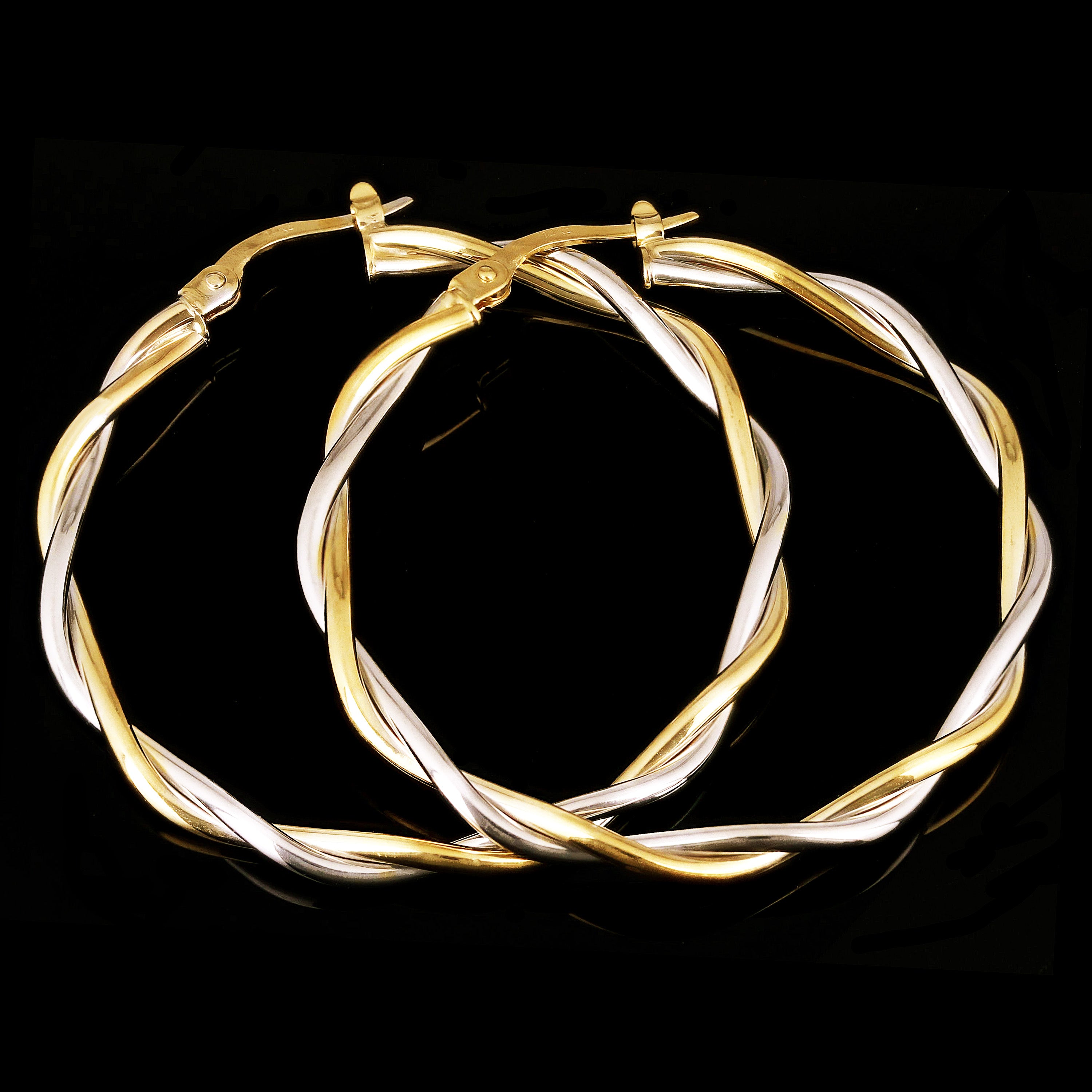 Italian 14k Yellow & White Gold Hollow Round Twisted Earrings 1.6" 3mm 2.1 grams