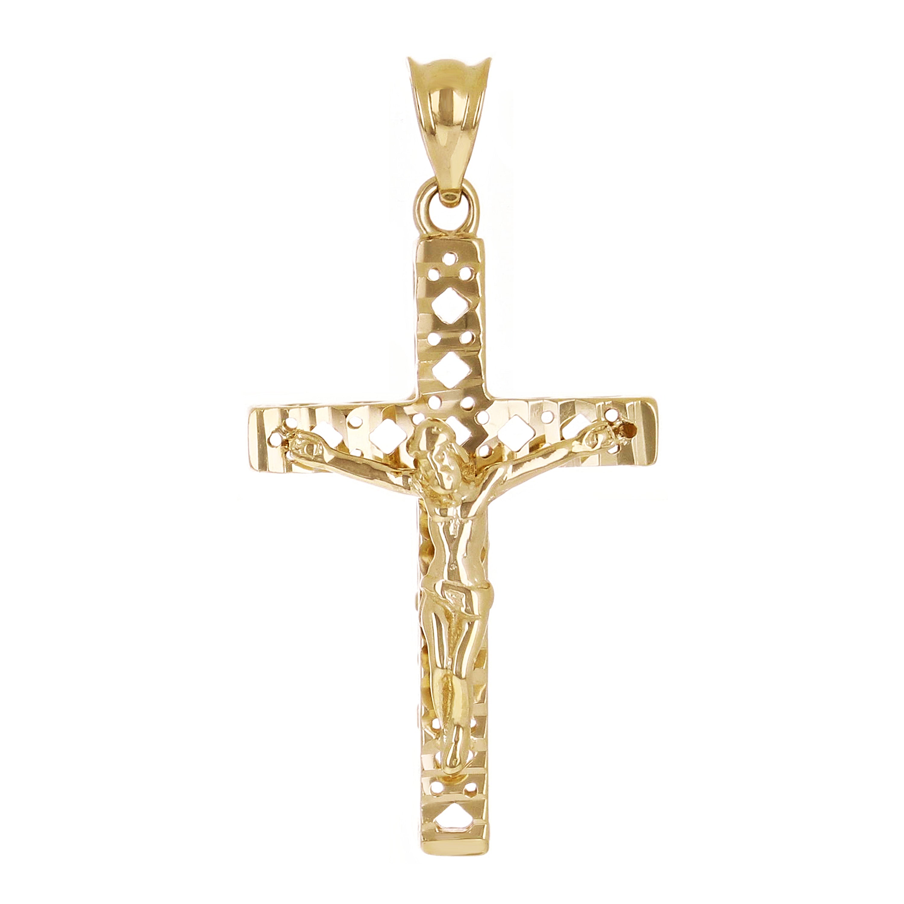 Italian 14k Yellow Gold 3D Diamond Cut Crucifix Cross Charm Pendant 1.2" 2.2gram