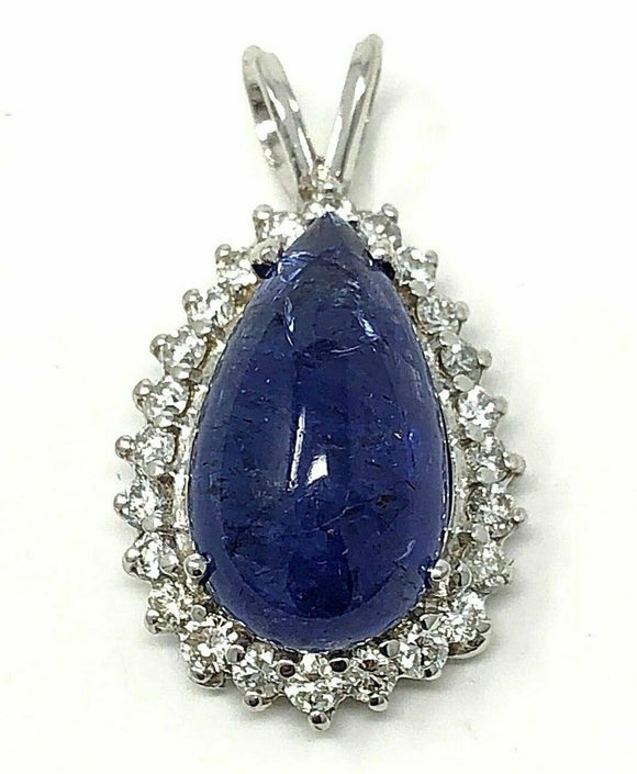 14k White Gold Pear Cut Tanzanite & Round Diamond Pendant 1.2