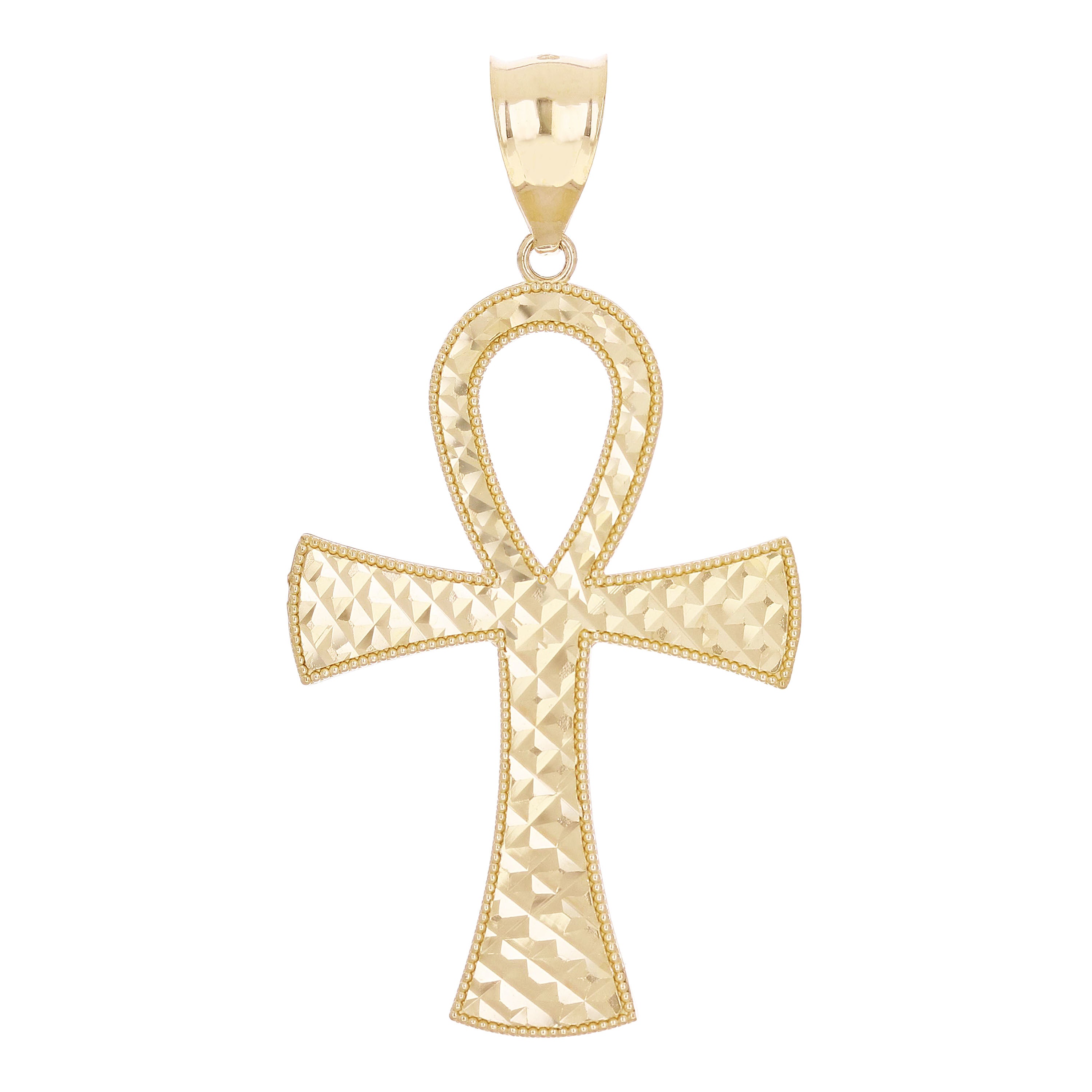 14k Yellow Gold Diamond-Cut Egyptian Ankh Cross Pendant 2.1" 3.6 grams