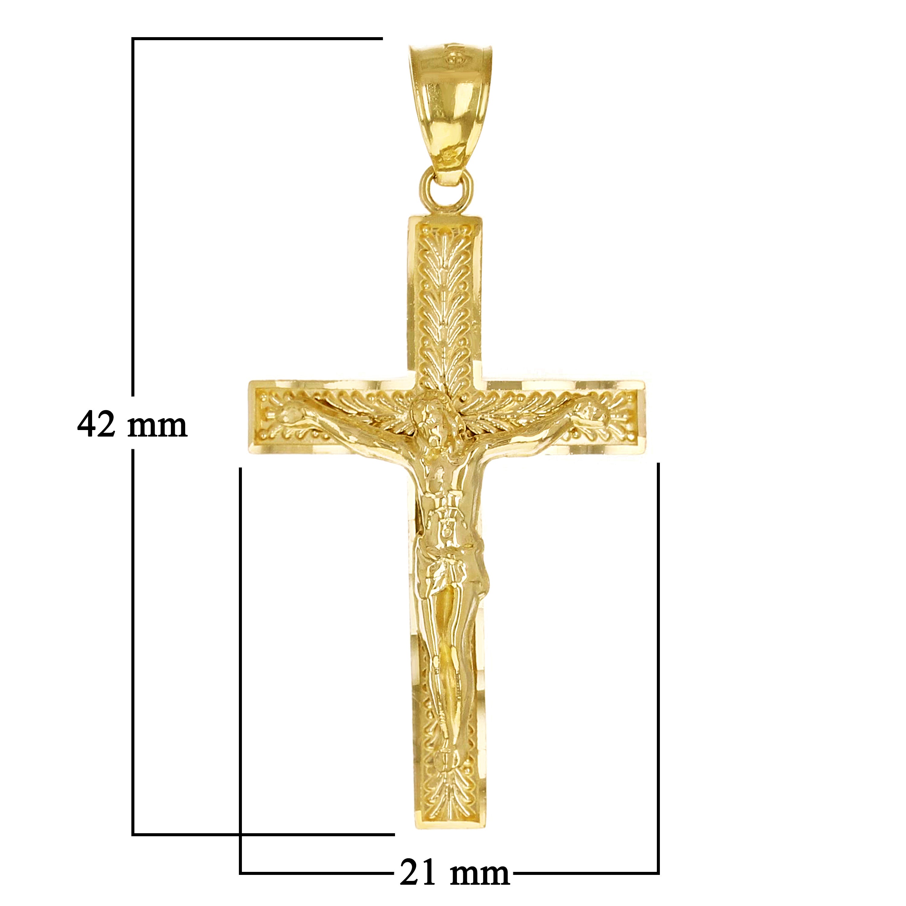 14k Yellow Gold Diamond Cut Leaf Pattern Jesus Cross Crucifix Pendant 1.7" 3.3g