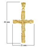 14k Yellow Gold Diamond Cut Leaf Pattern Jesus Cross Crucifix Pendant 1.7" 3.3g